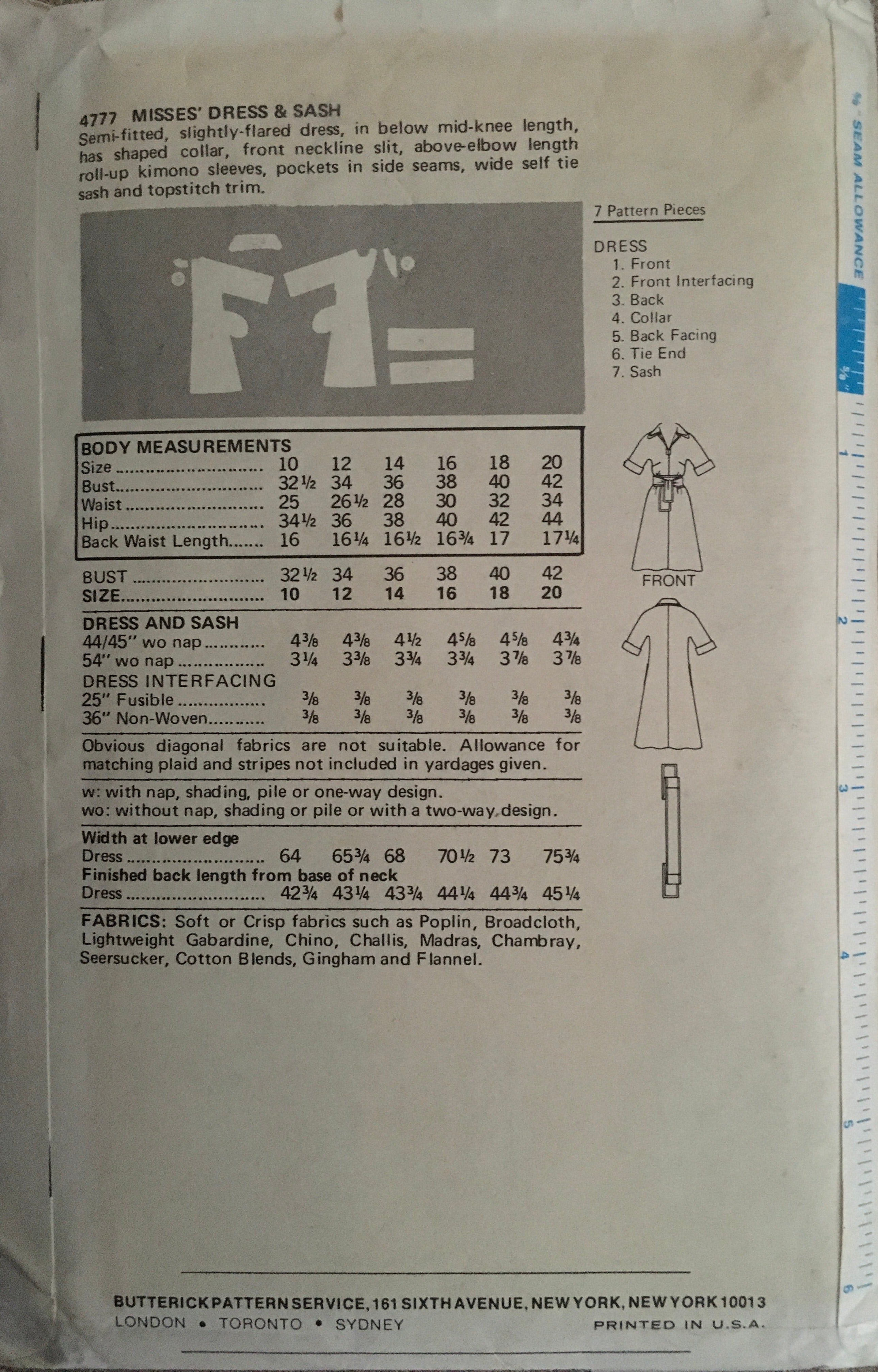 Butterick 4777 Sewing Pattern (Vintage) CUT