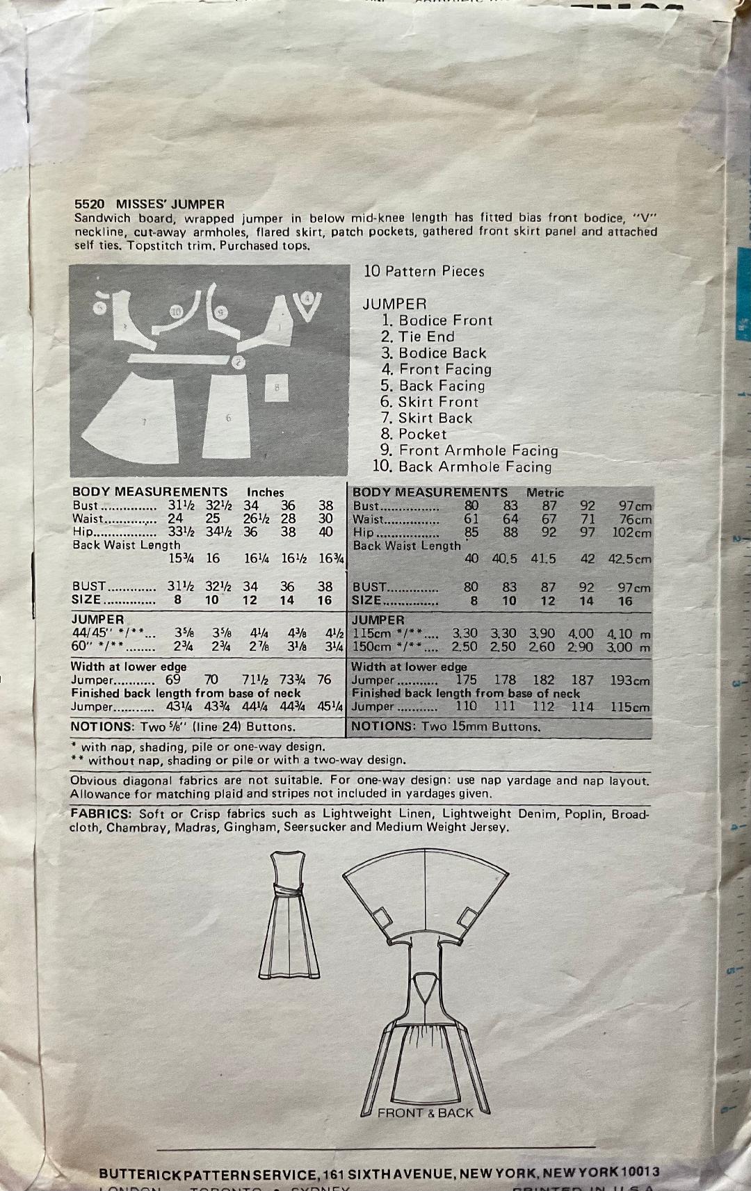 Butterick 5520 Sewing Pattern (Vintage) CUT