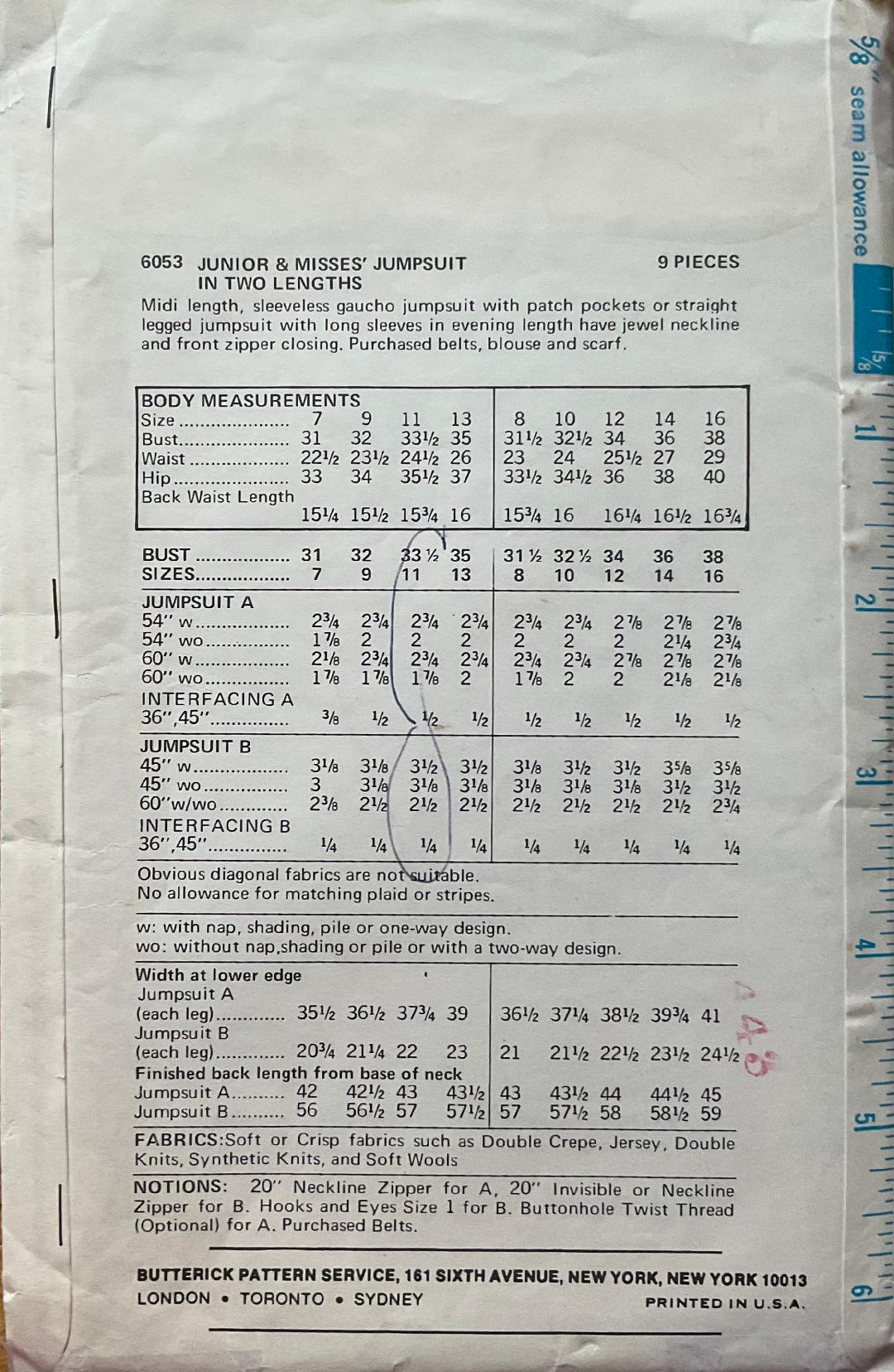 Butterick 6053 Sewing Pattern (Vintage) UNCUT