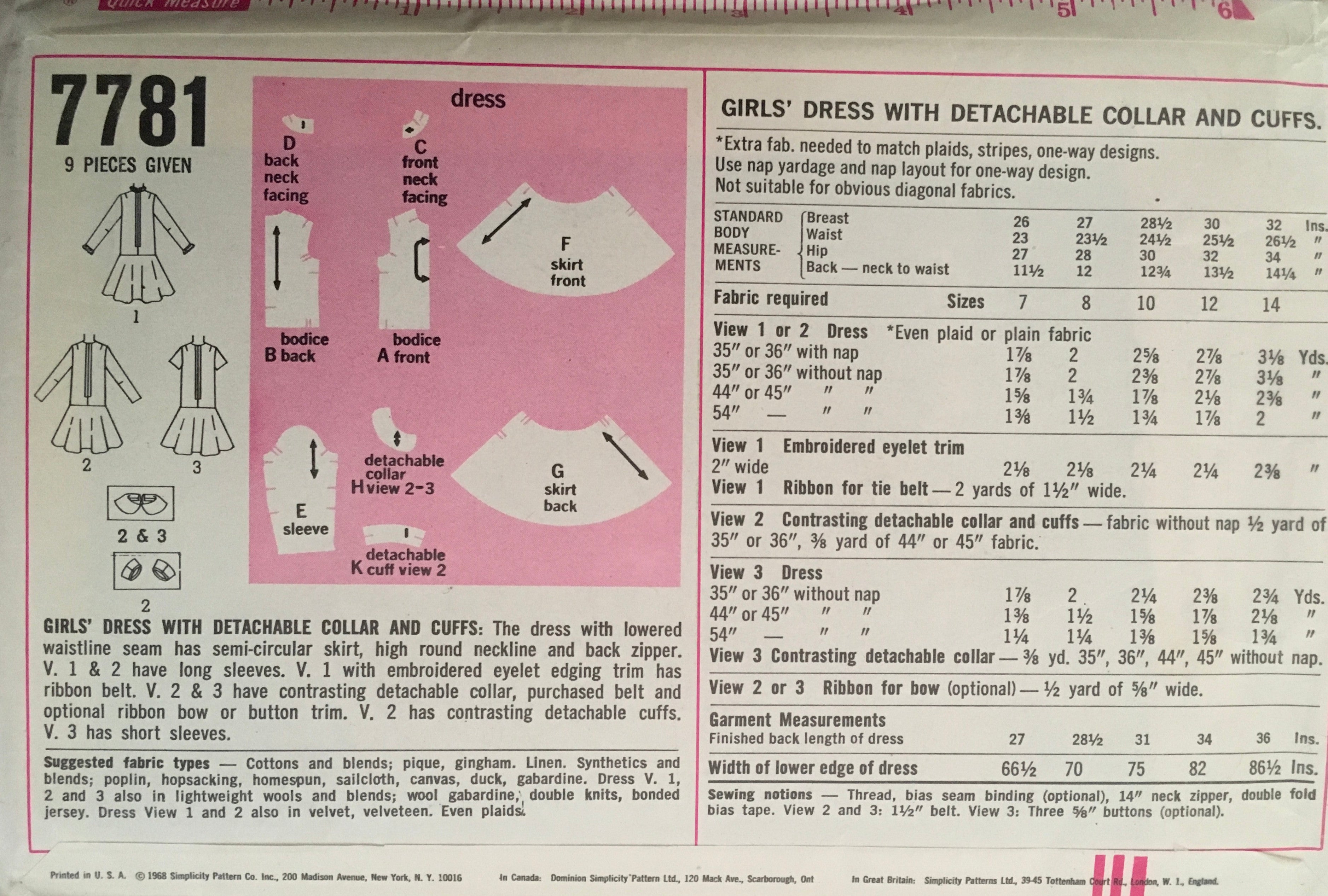 Simplicity 7781 Sewing Pattern (Vintage) CUT