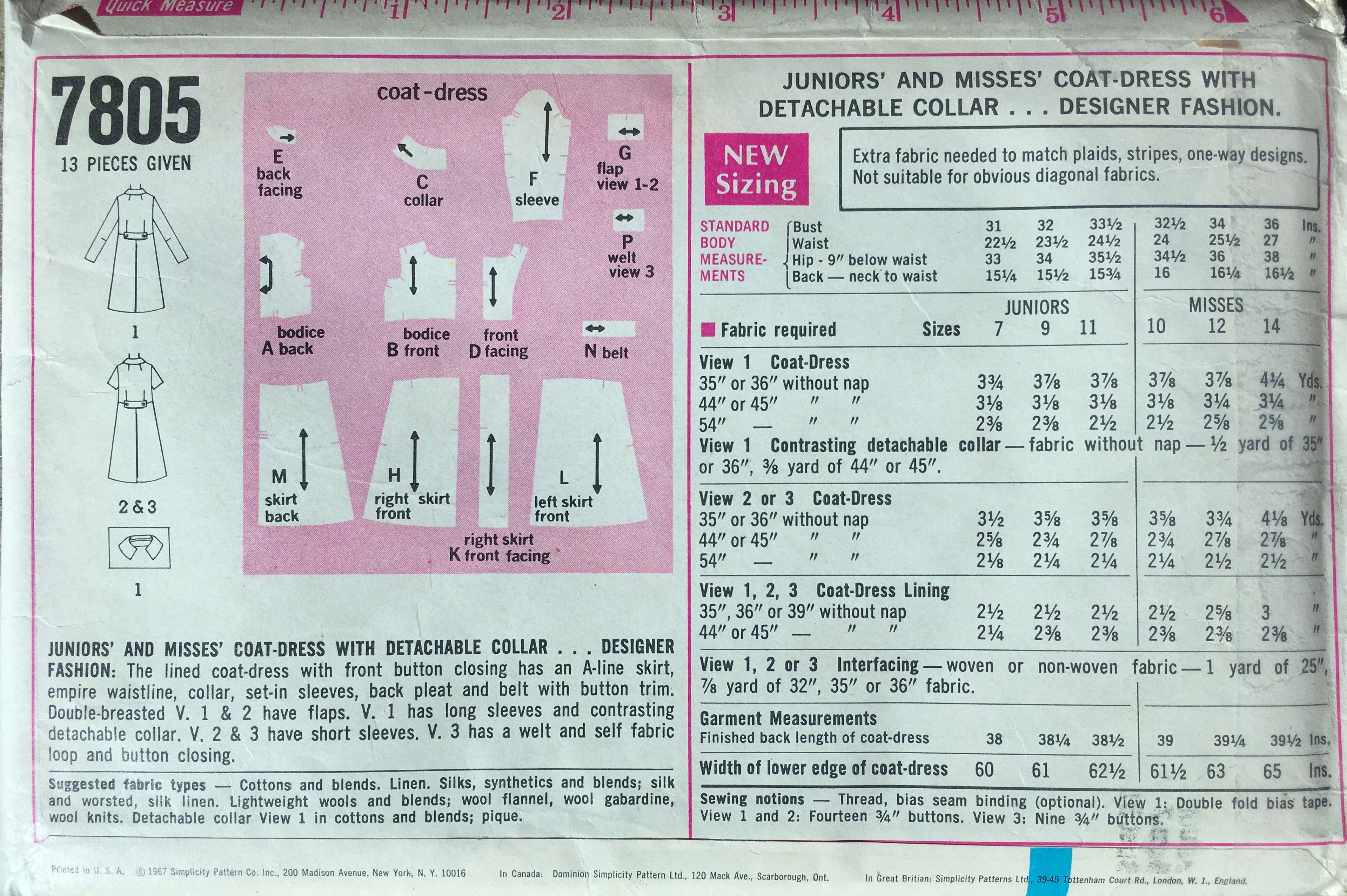 Simplicity 7805 Sewing Pattern (Vintage) UNCUT