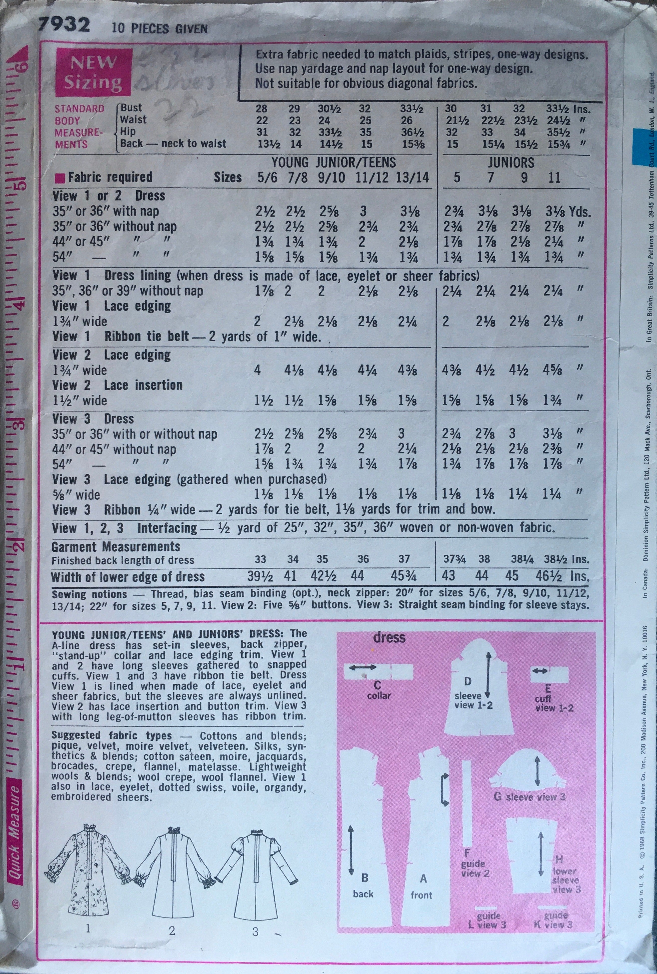 Simplicity 7932 Sewing Pattern (Vintage) CUT