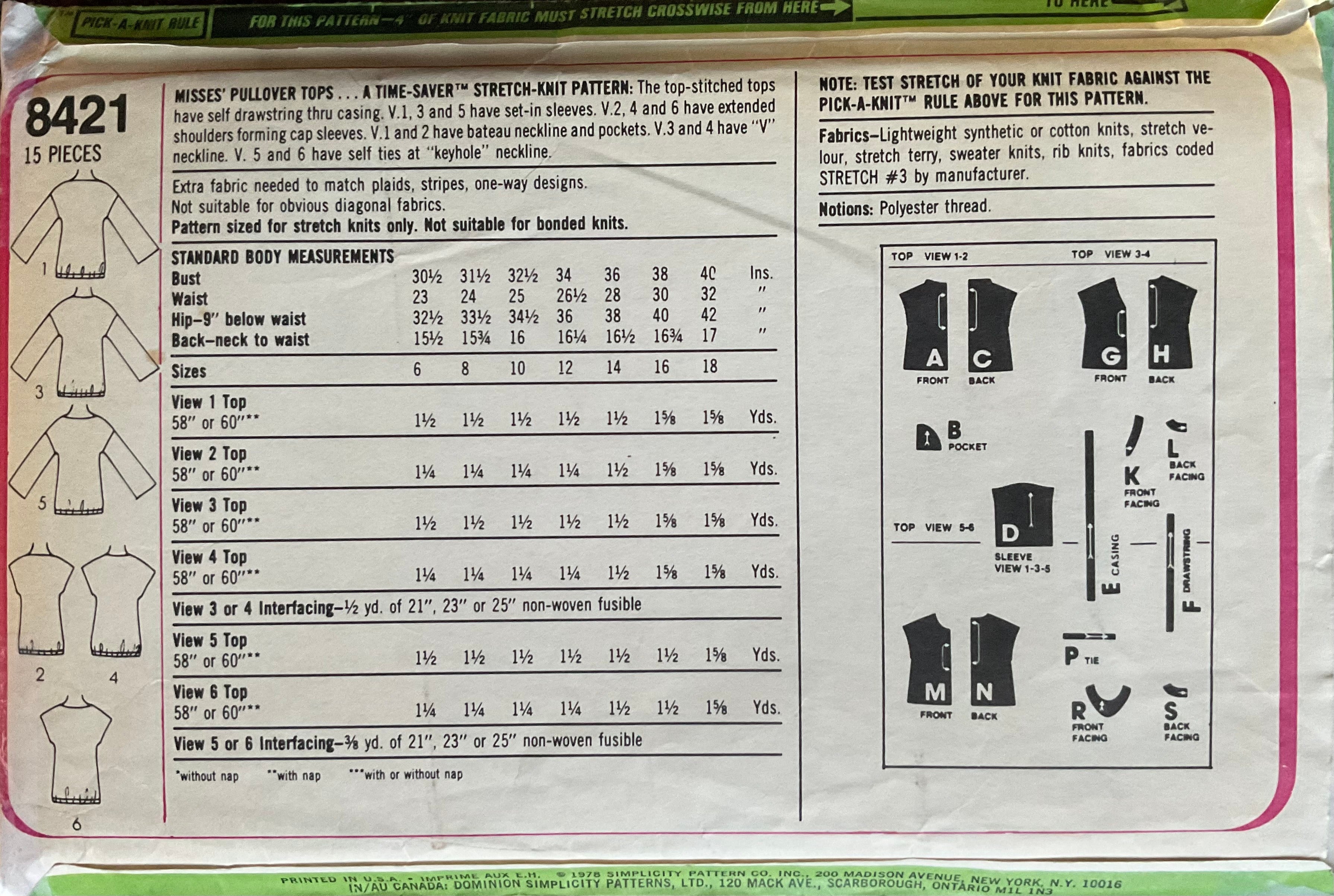 Simplicity 8421 Sewing Pattern (Vintage) CUT