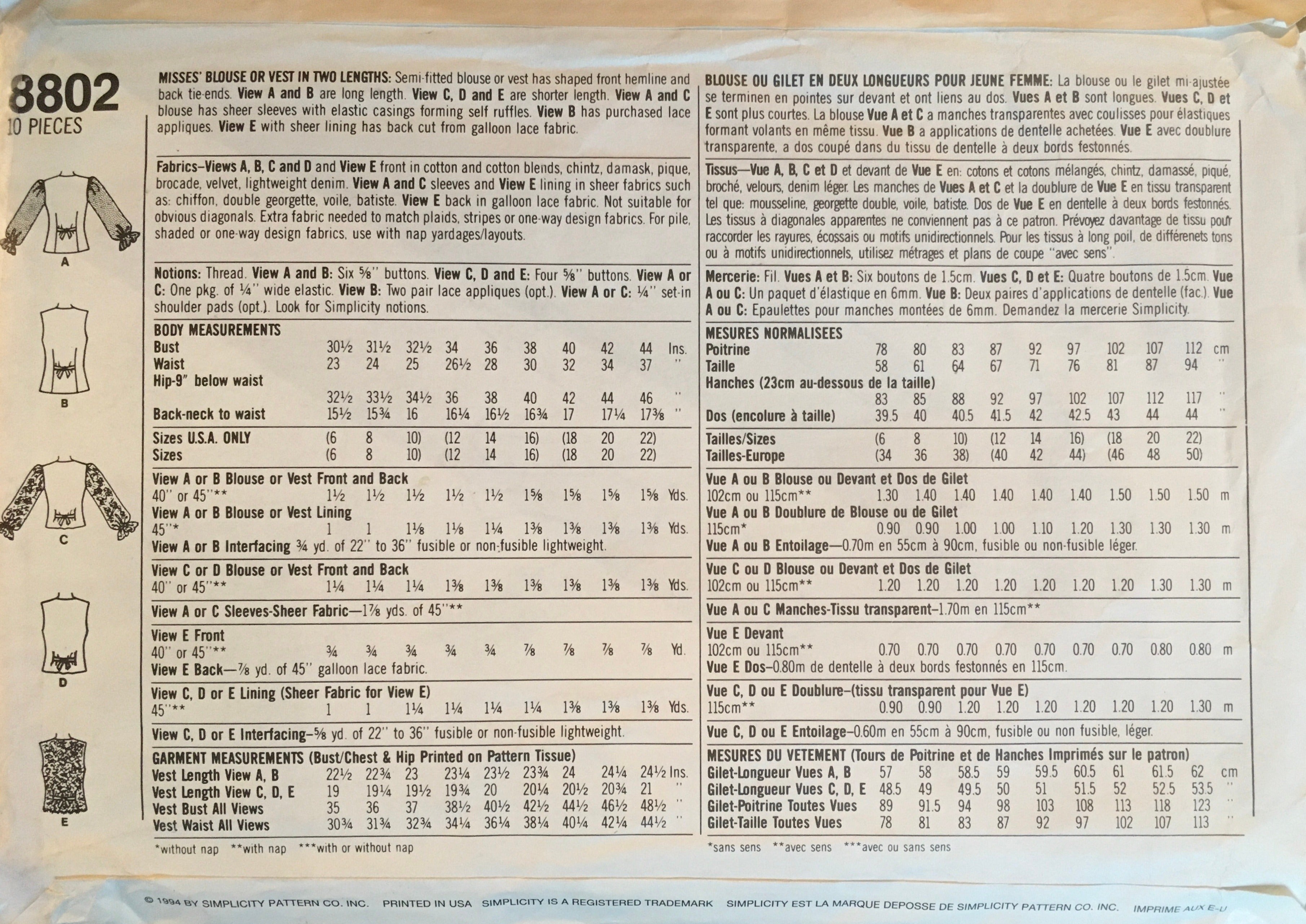 Simplicity 8802 Sewing Pattern (Vintage) CUT