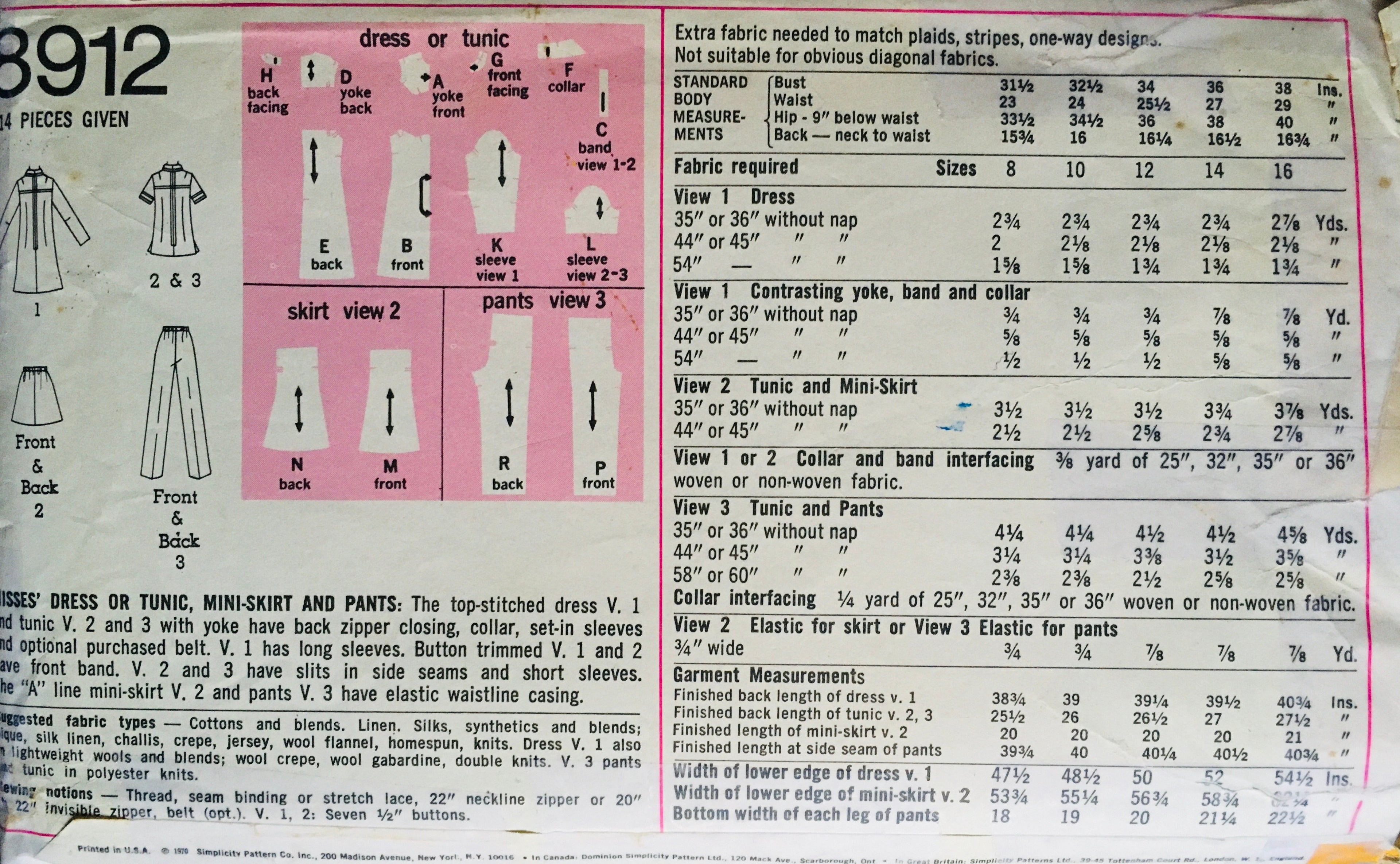 Simplicity 8912 Sewing Pattern (Vintage) CUT