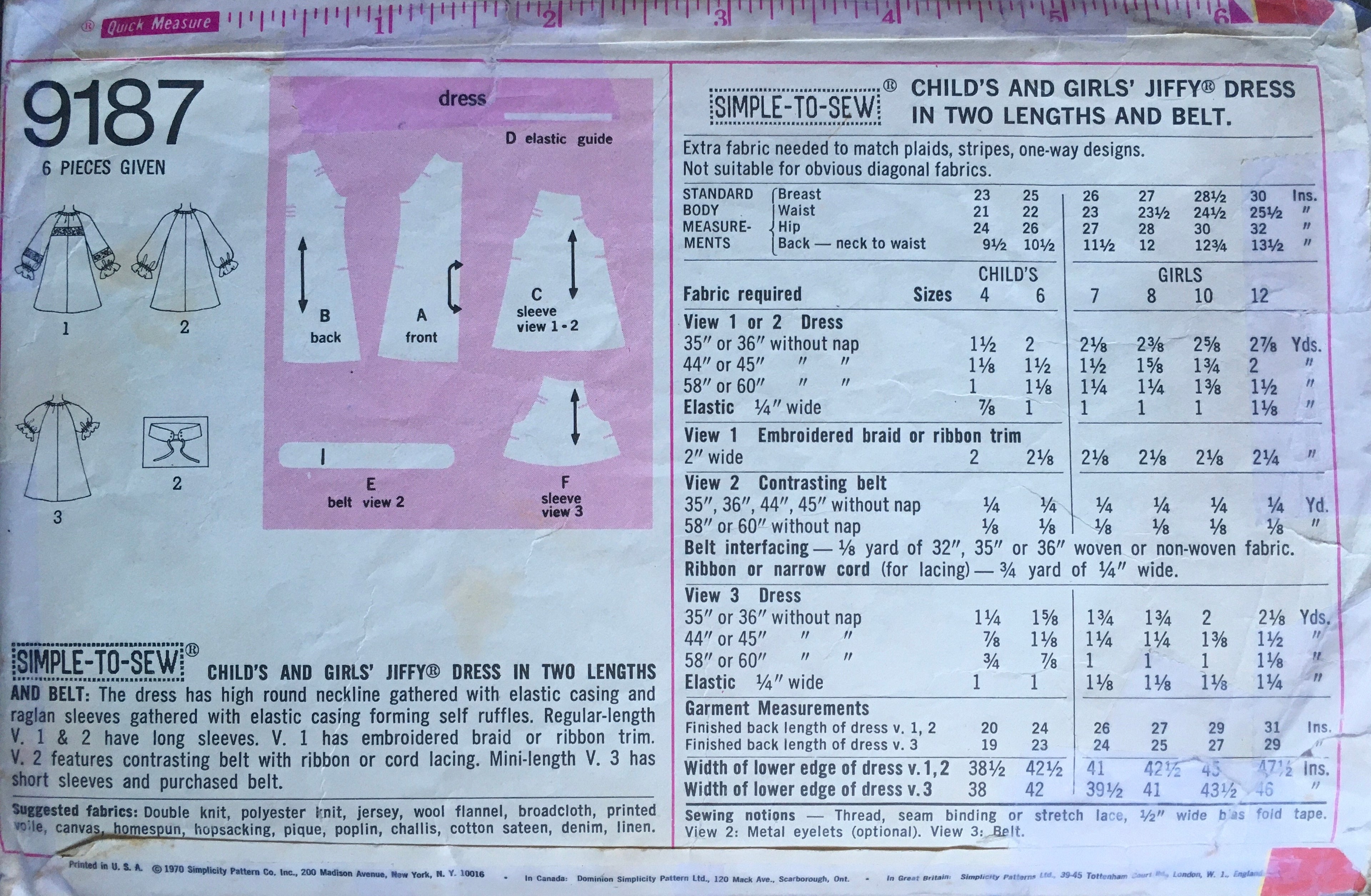 Simplicity 9187 Sewing Pattern (Vintage) CUT