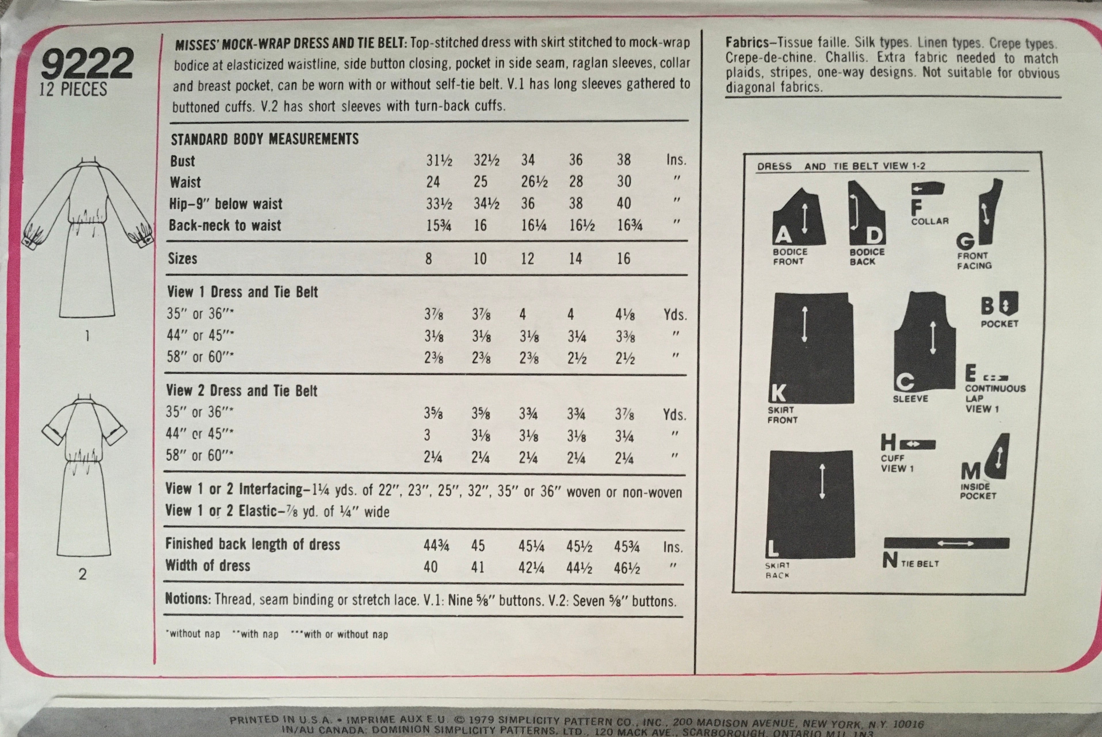 Simplicity 9222 Sewing Pattern (Vintage) CUT
