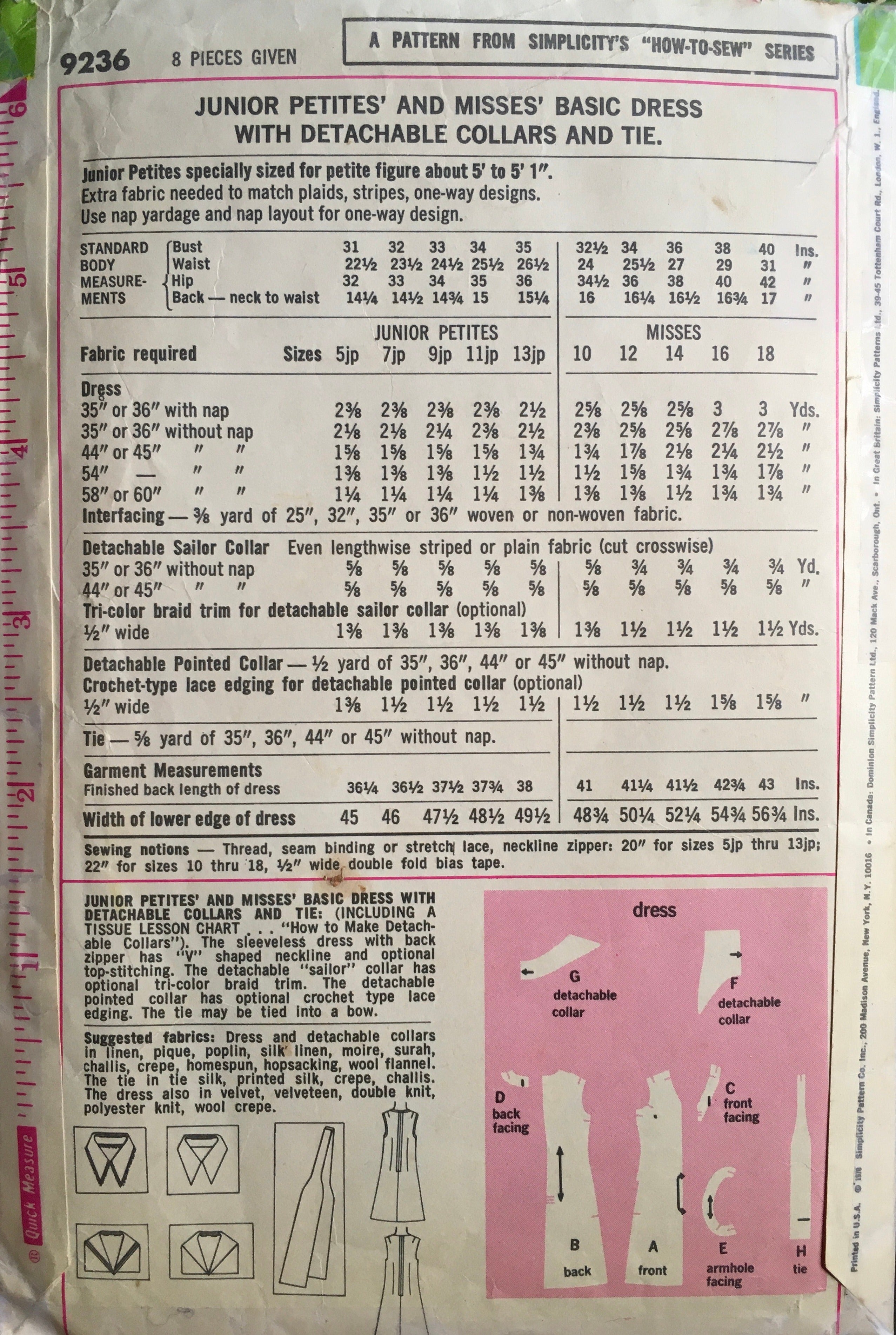 Simplicity 9236 Sewing Pattern (Vintage) CUT