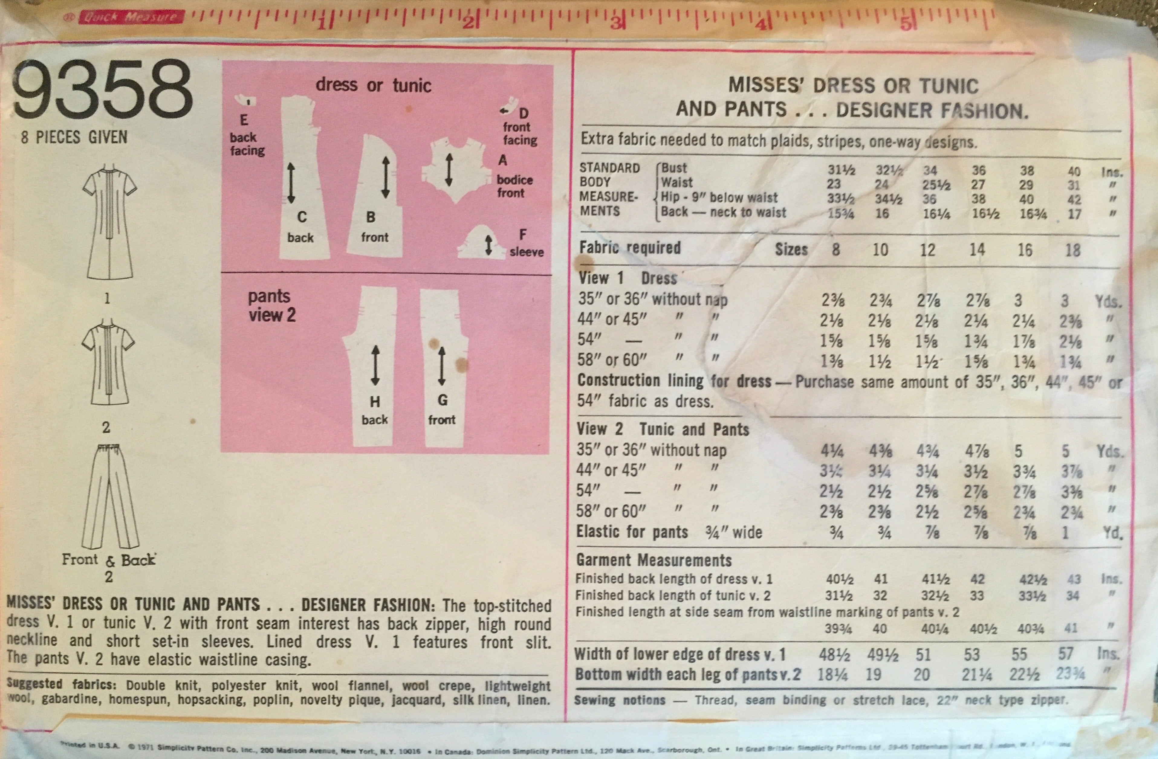 Simplicity 9358 Sewing Pattern (Vintage) CUT