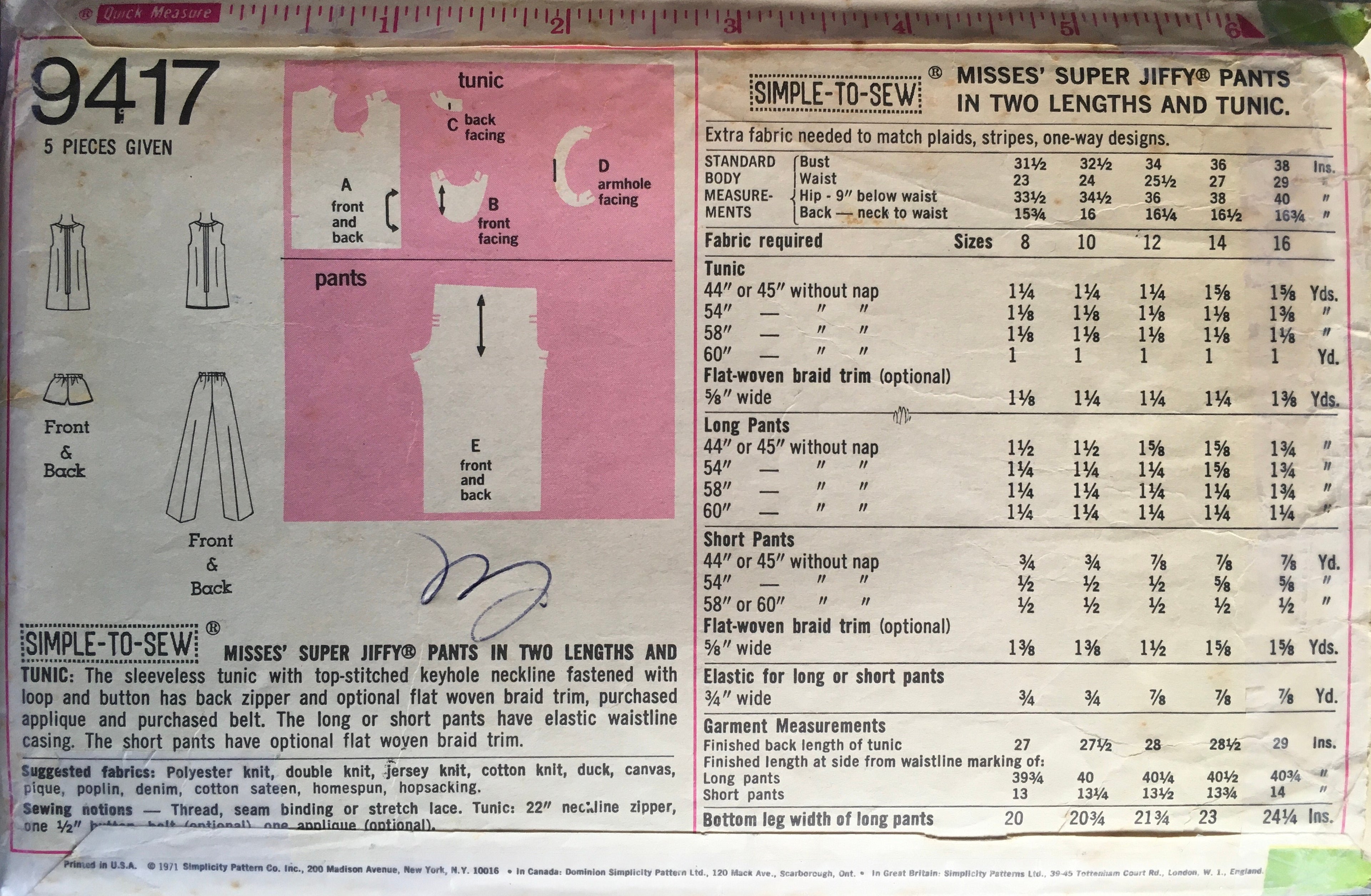 Simplicity 9417 Sewing Pattern (Vintage) UNCUT/CUT