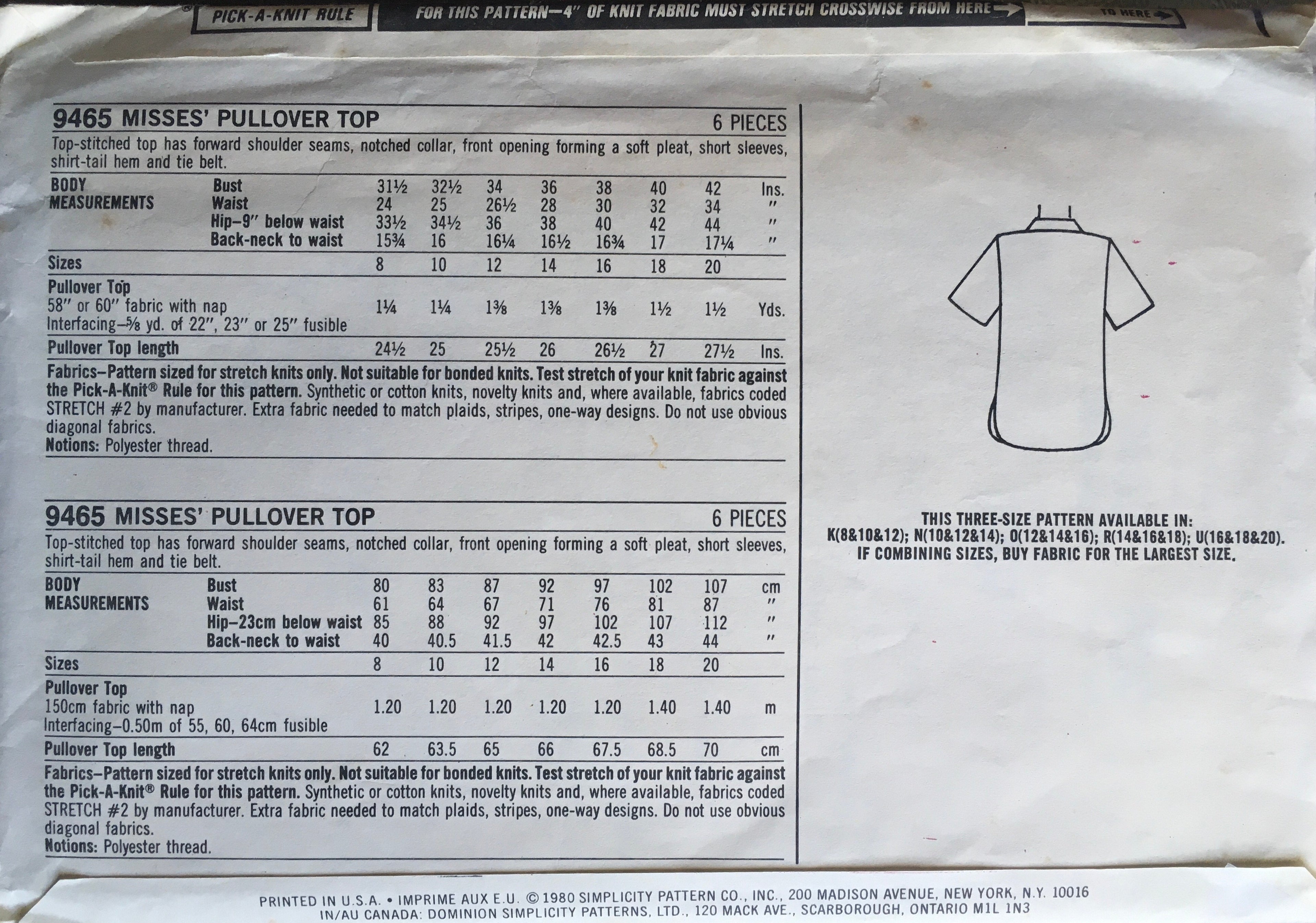 Simplicity 9465 Sewing Pattern (Vintage) CUT