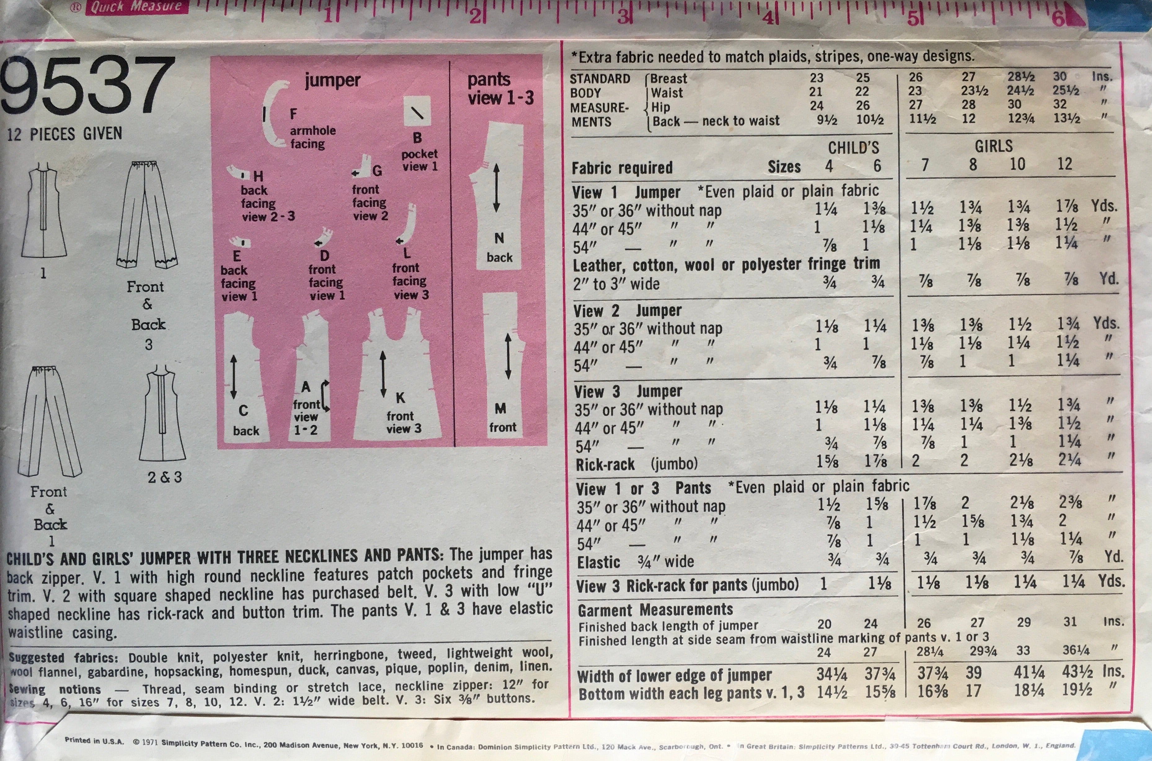 Simplicity 9537 Sewing Pattern (Vintage) CUT