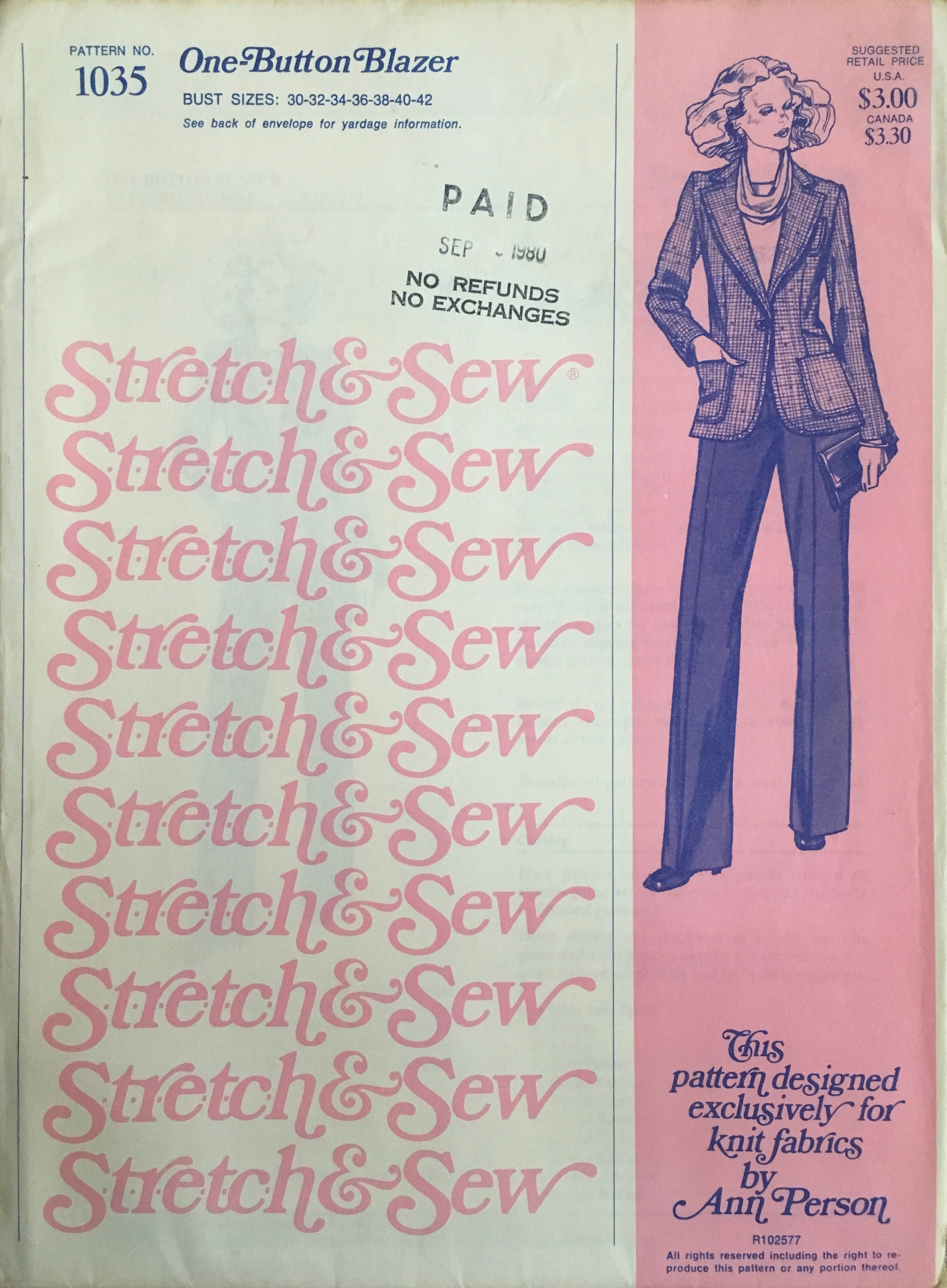 Stretch & Sew 1035 Sewing Pattern (Vintage) UNCUT