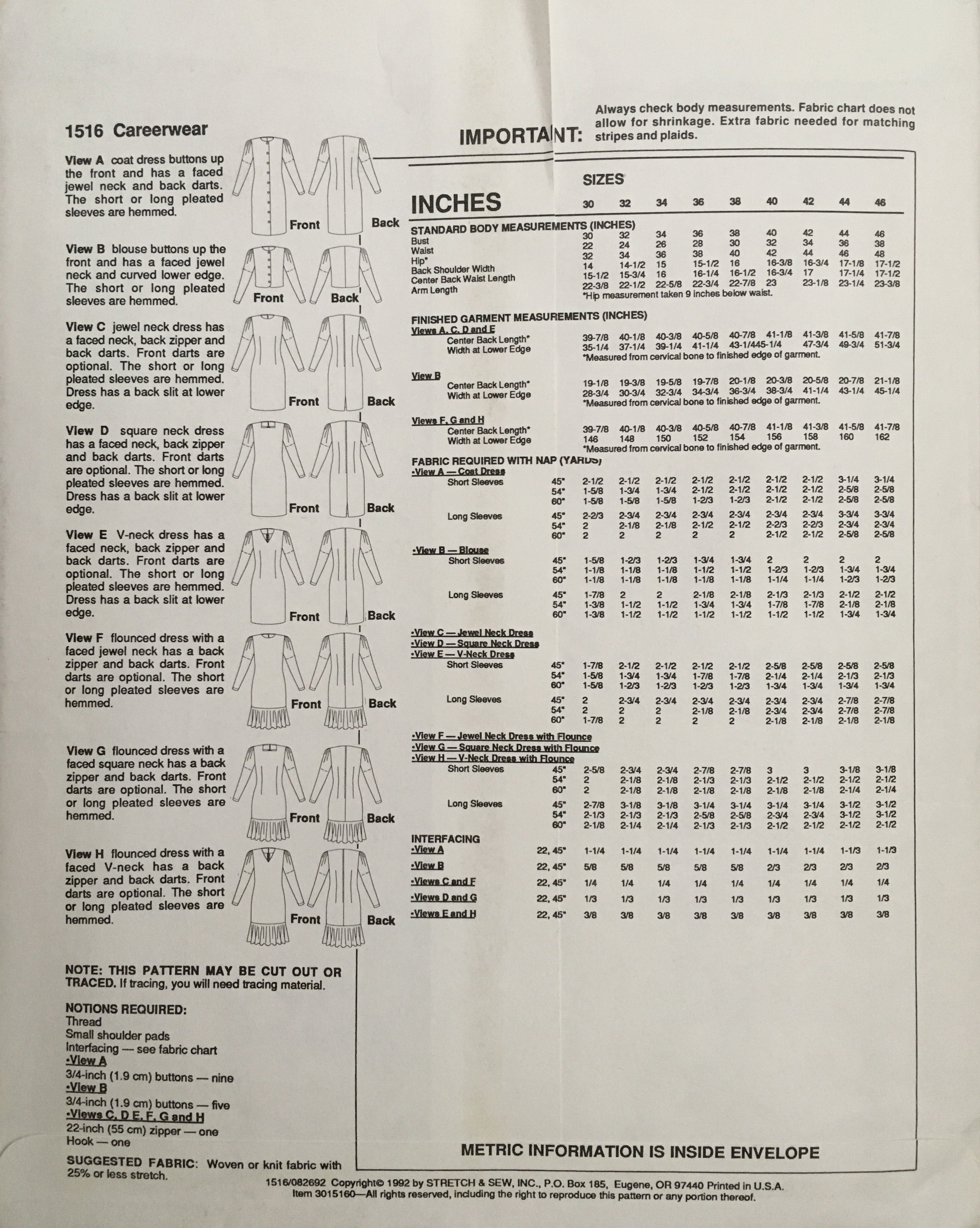 Stretch & Sew 1516 Sewing Pattern (Vintage) UNCUT