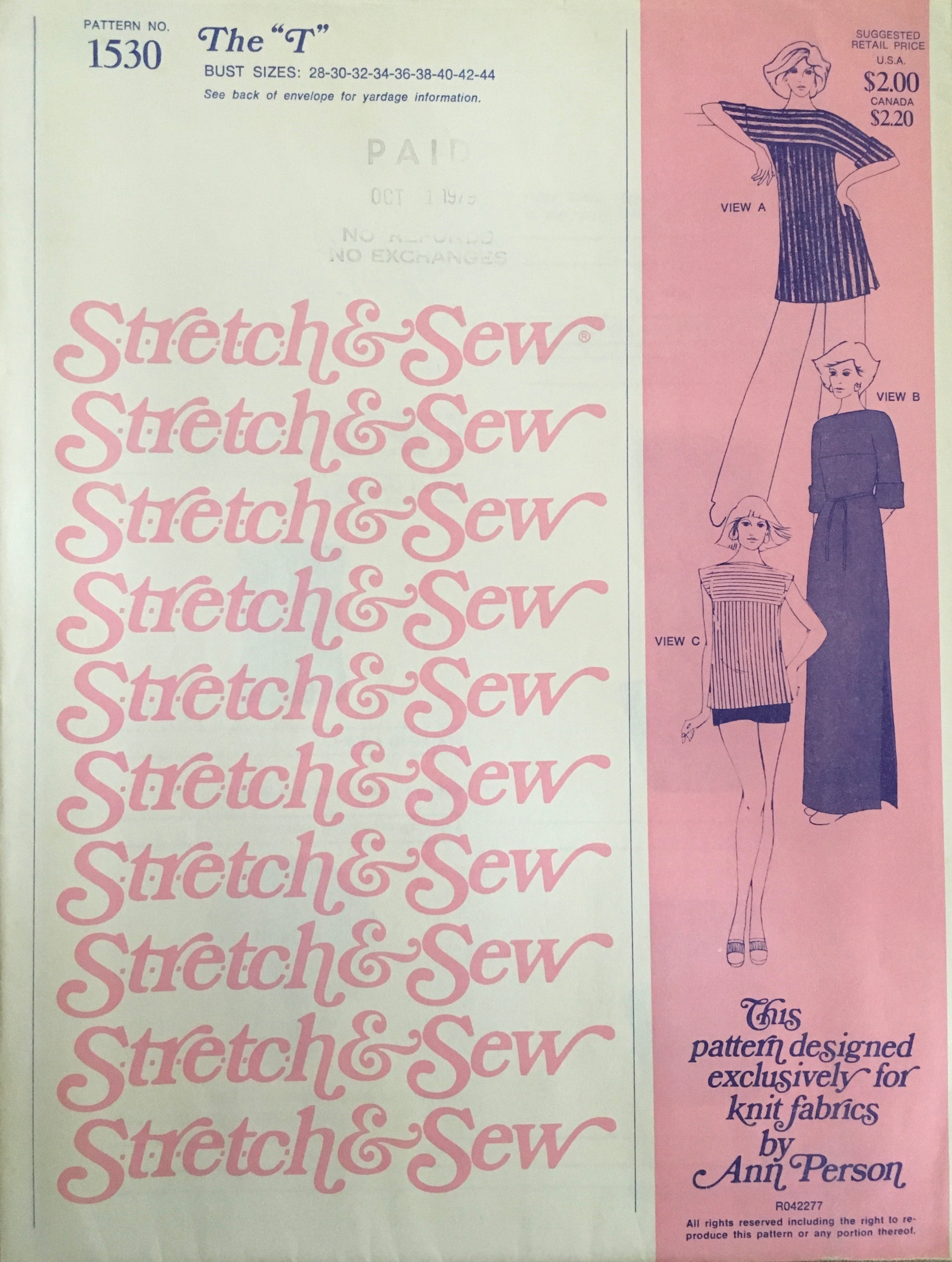 Stretch & Sew 1530 Sewing Pattern (Vintage) UNCUT