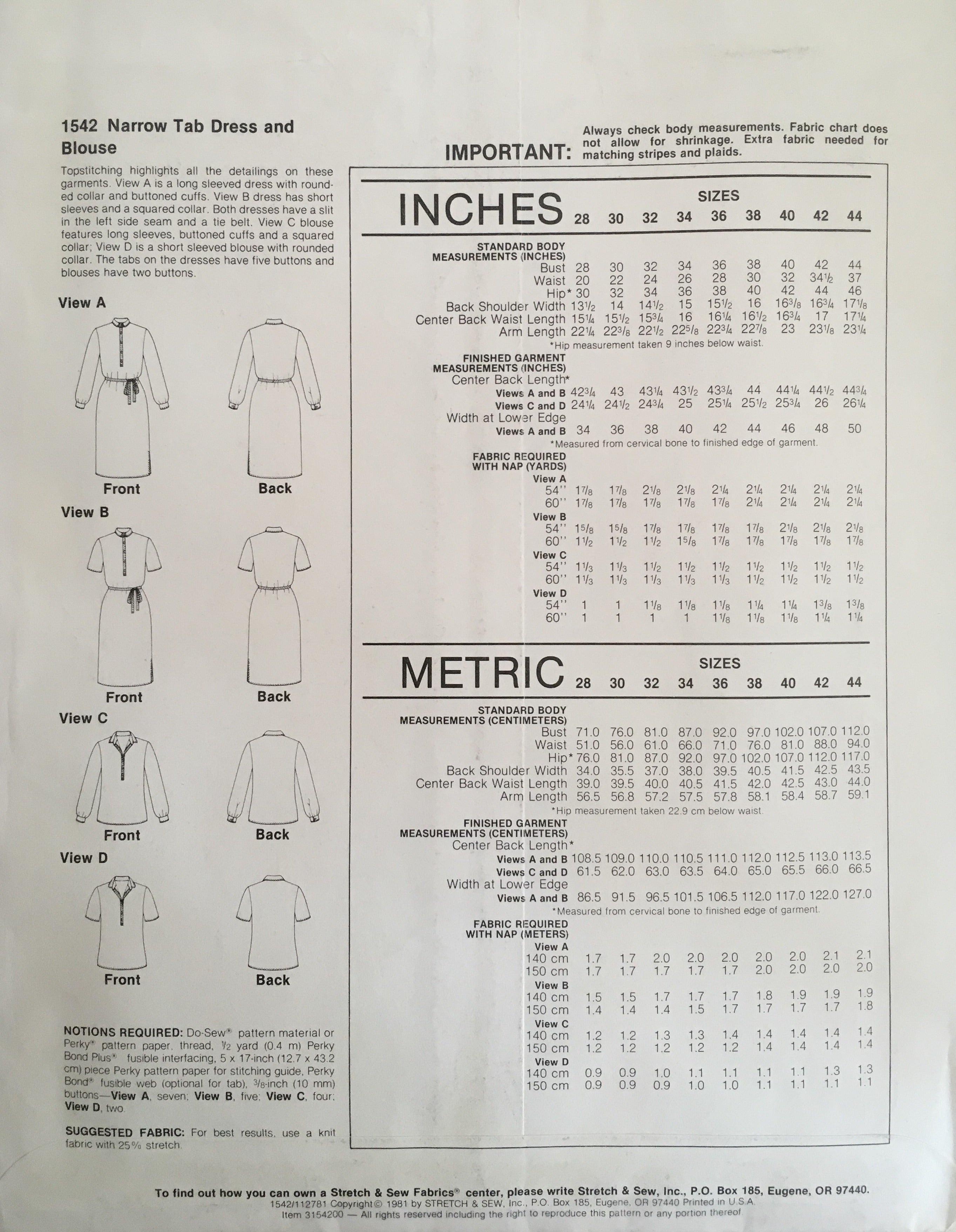 Stretch & Sew 1542 Sewing Pattern (Vintage) UNCUT