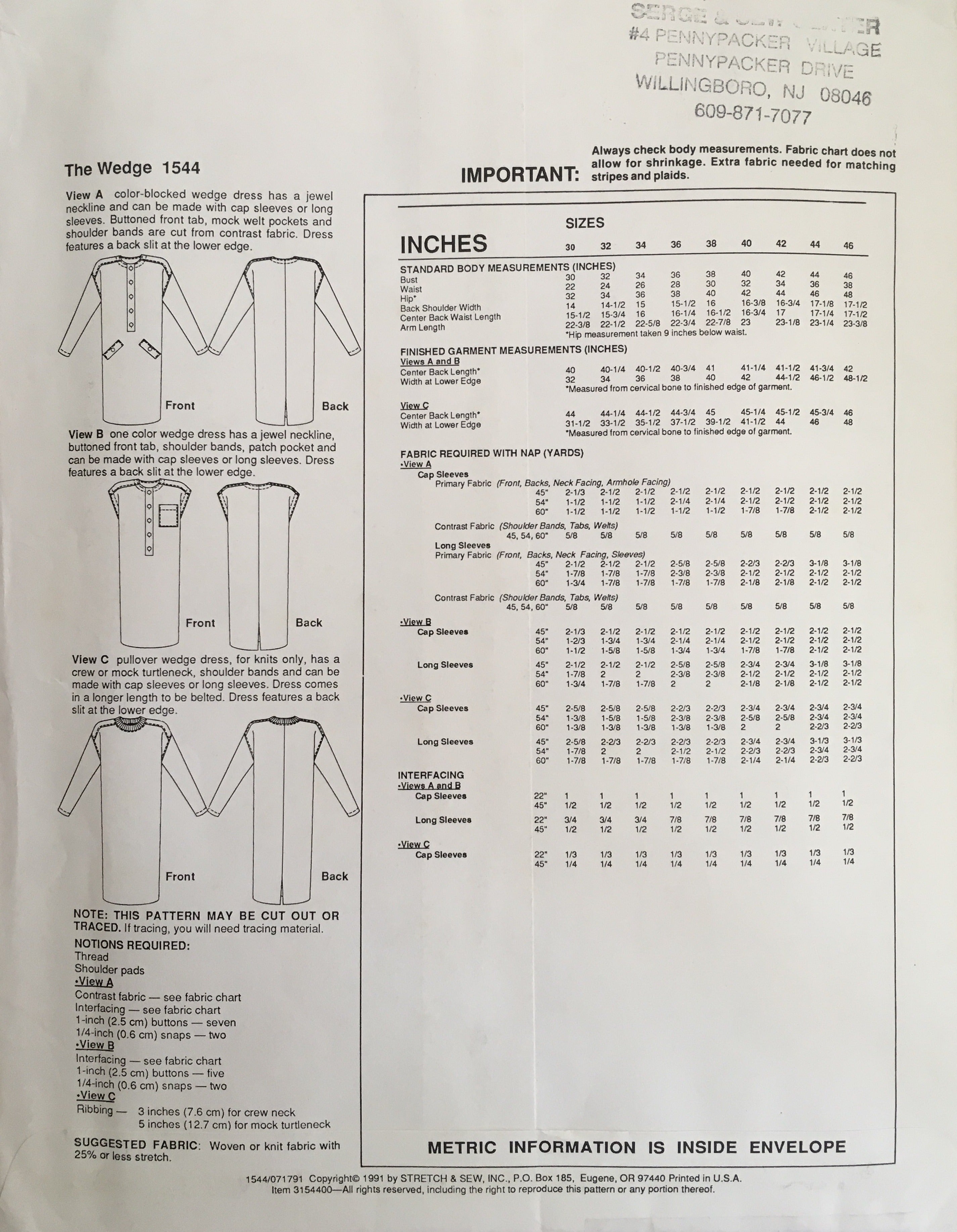 Stretch & Sew 1544 Sewing Pattern (Vintage) UNCUT