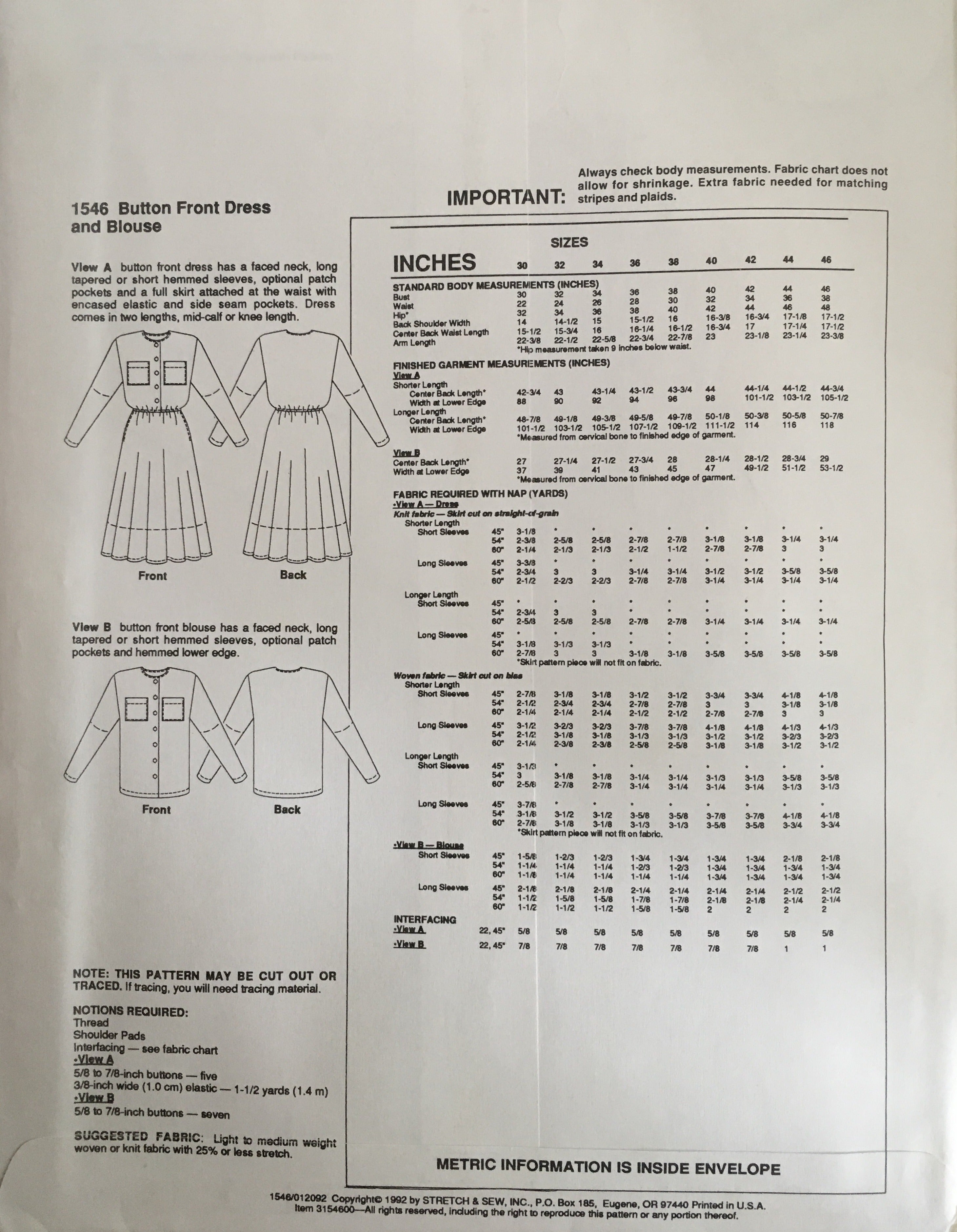 Stretch & Sew 1546 Sewing Pattern (Vintage) UNCUT