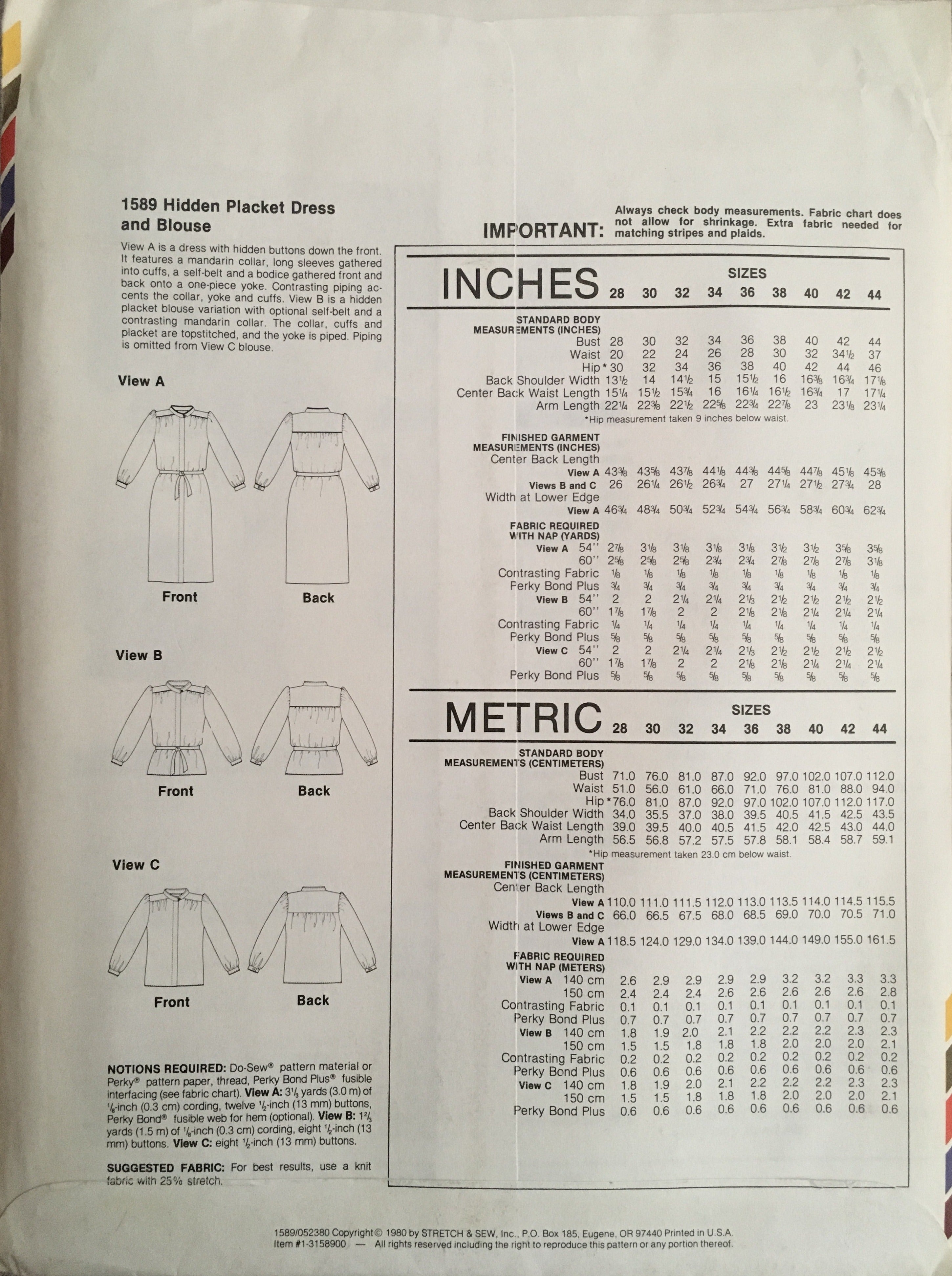 Stretch & Sew 1589 Sewing Pattern (Vintage) UNCUT