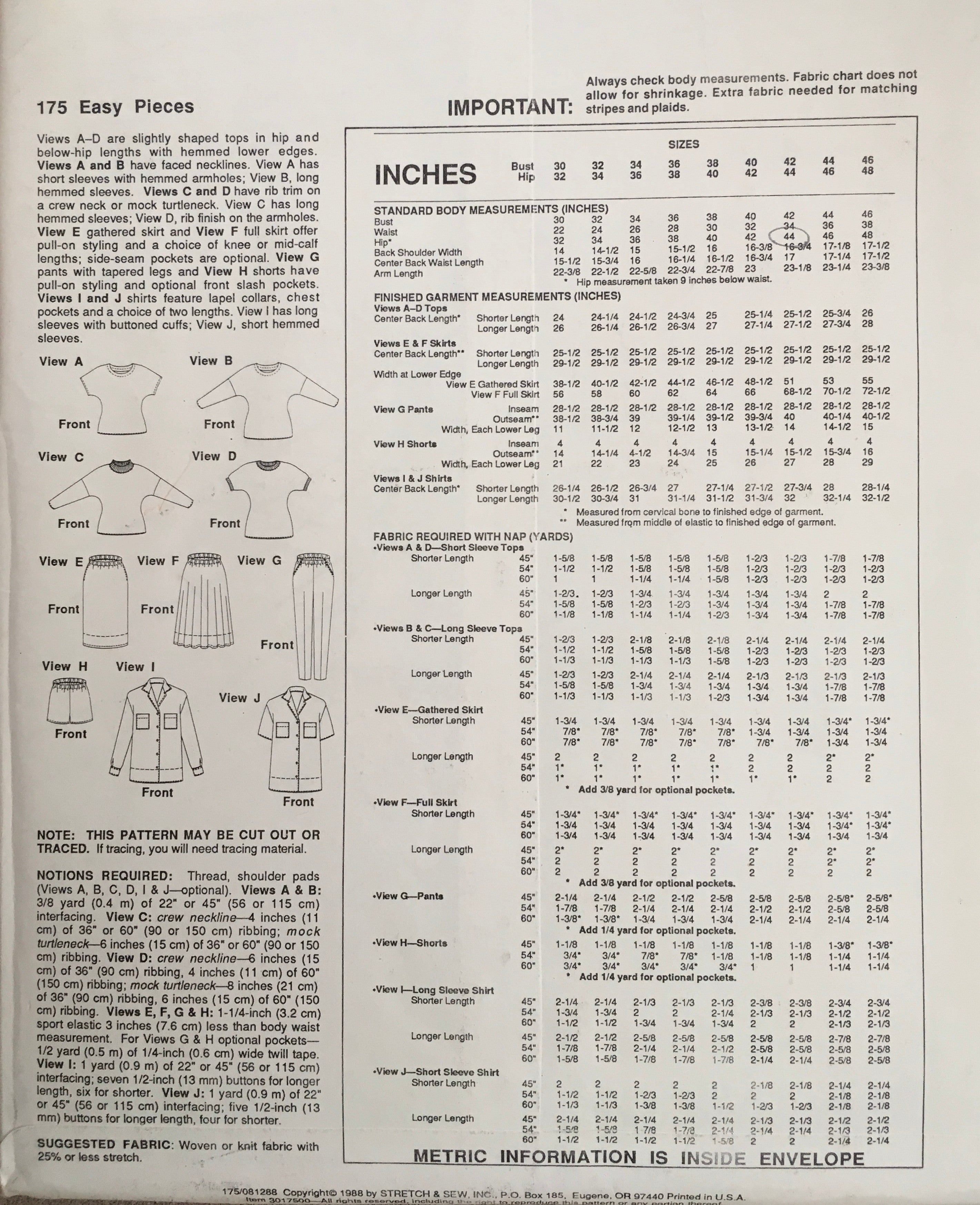 Stretch & Sew 175 Sewing Pattern (Vintage) UNCUT/CUT