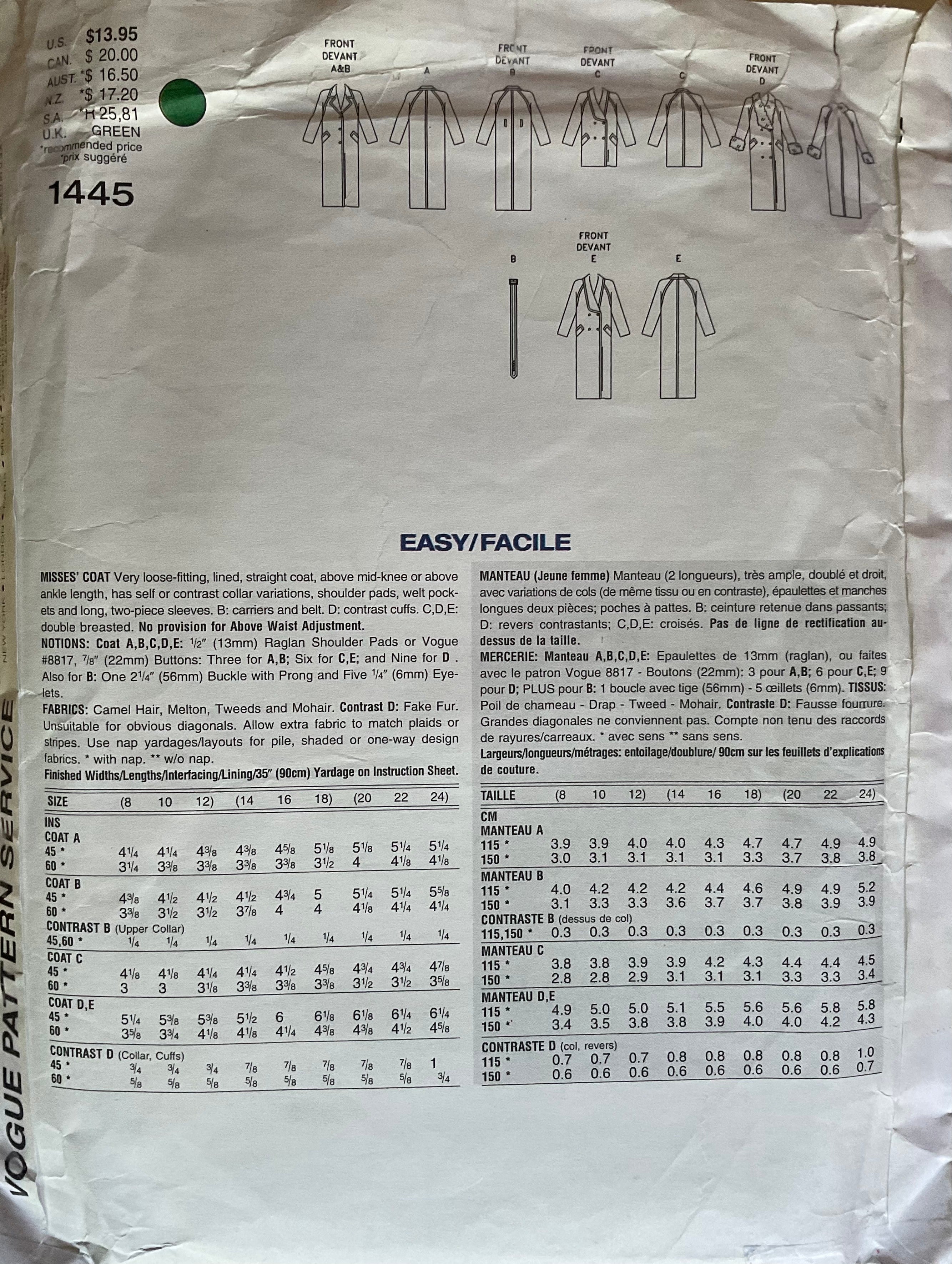 Vogue 1445 Sewing Pattern (Vintage) CUT