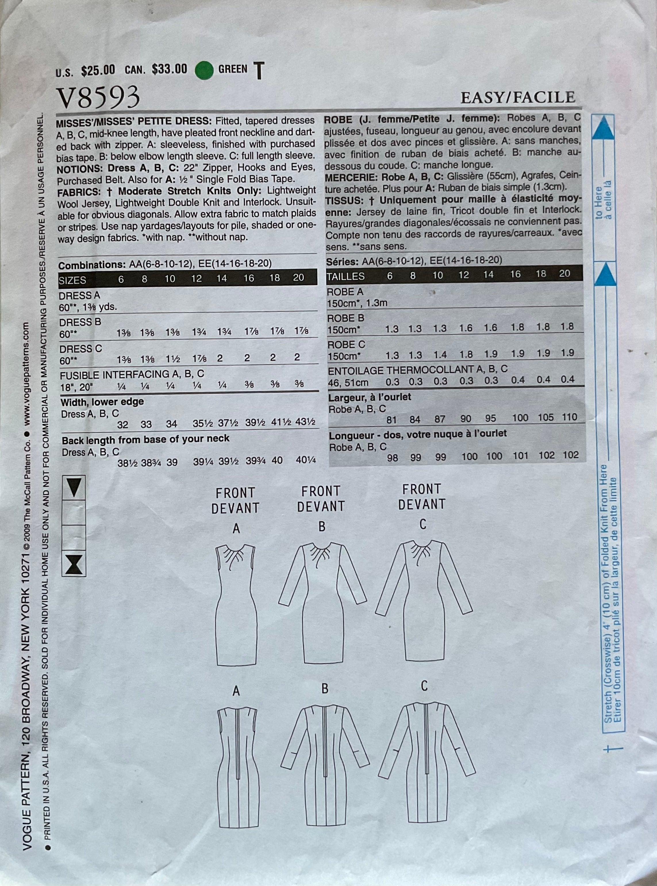 Vogue 8593 Sewing Pattern (Vintage) CUT