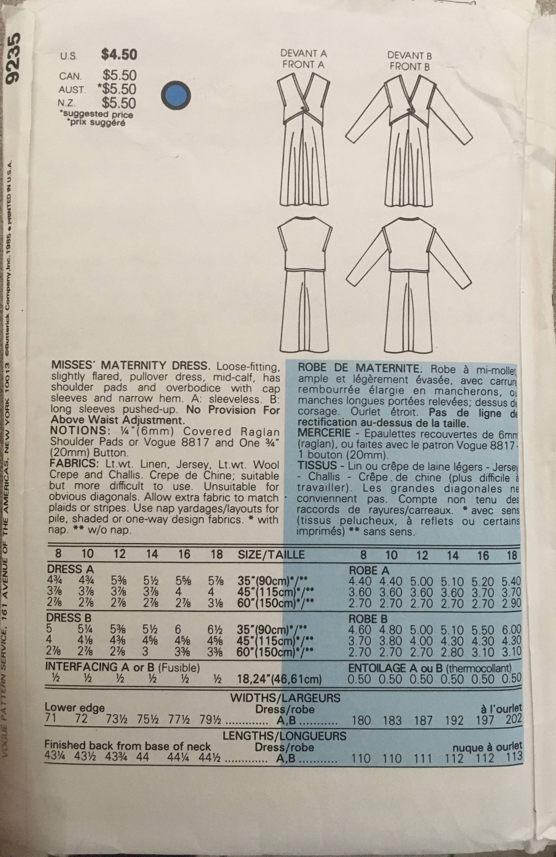 Vogue 9235 Sewing Pattern (Vintage) CUT