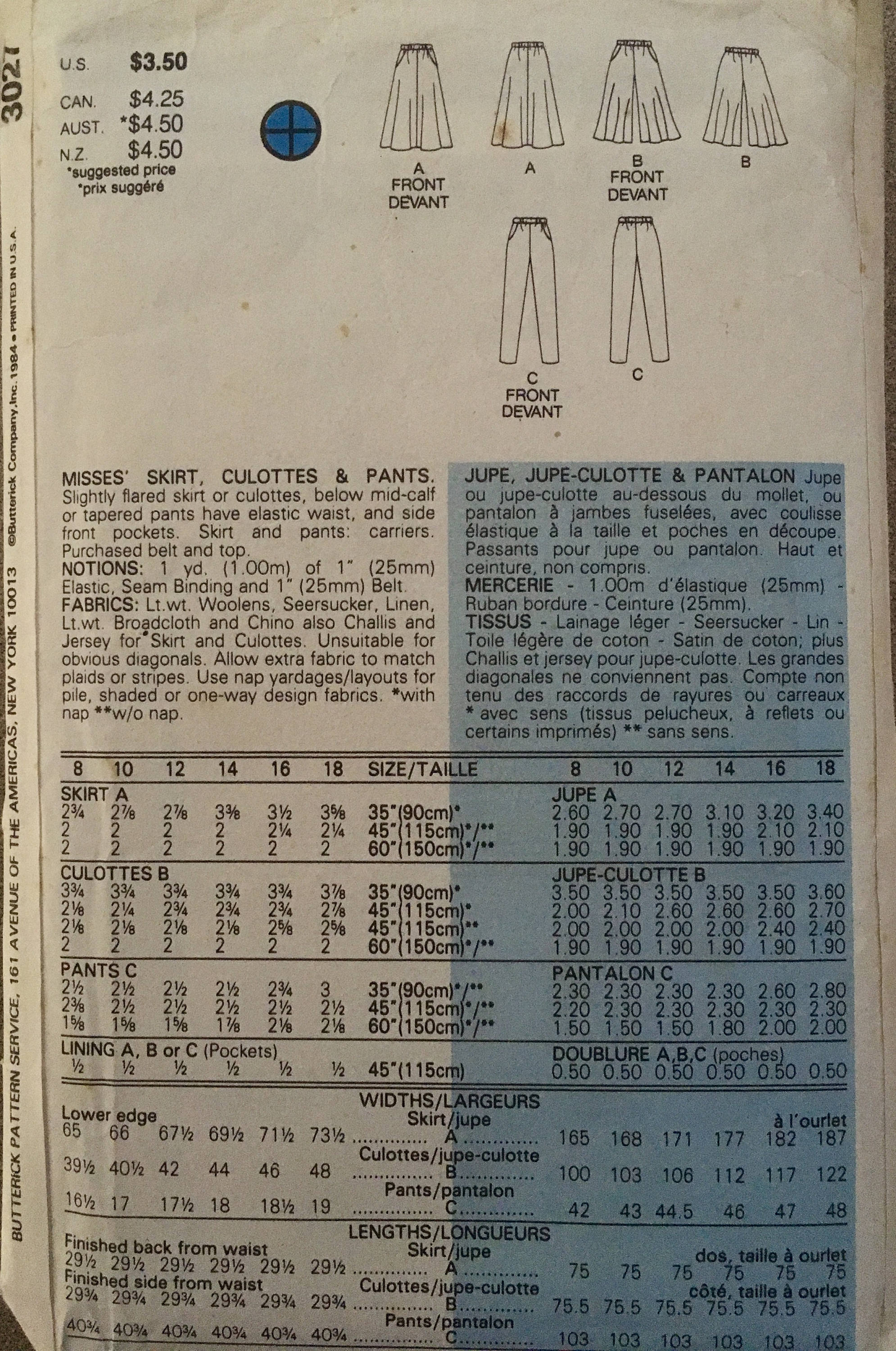 Butterick 3027 Sewing Pattern (Vintage) CUT