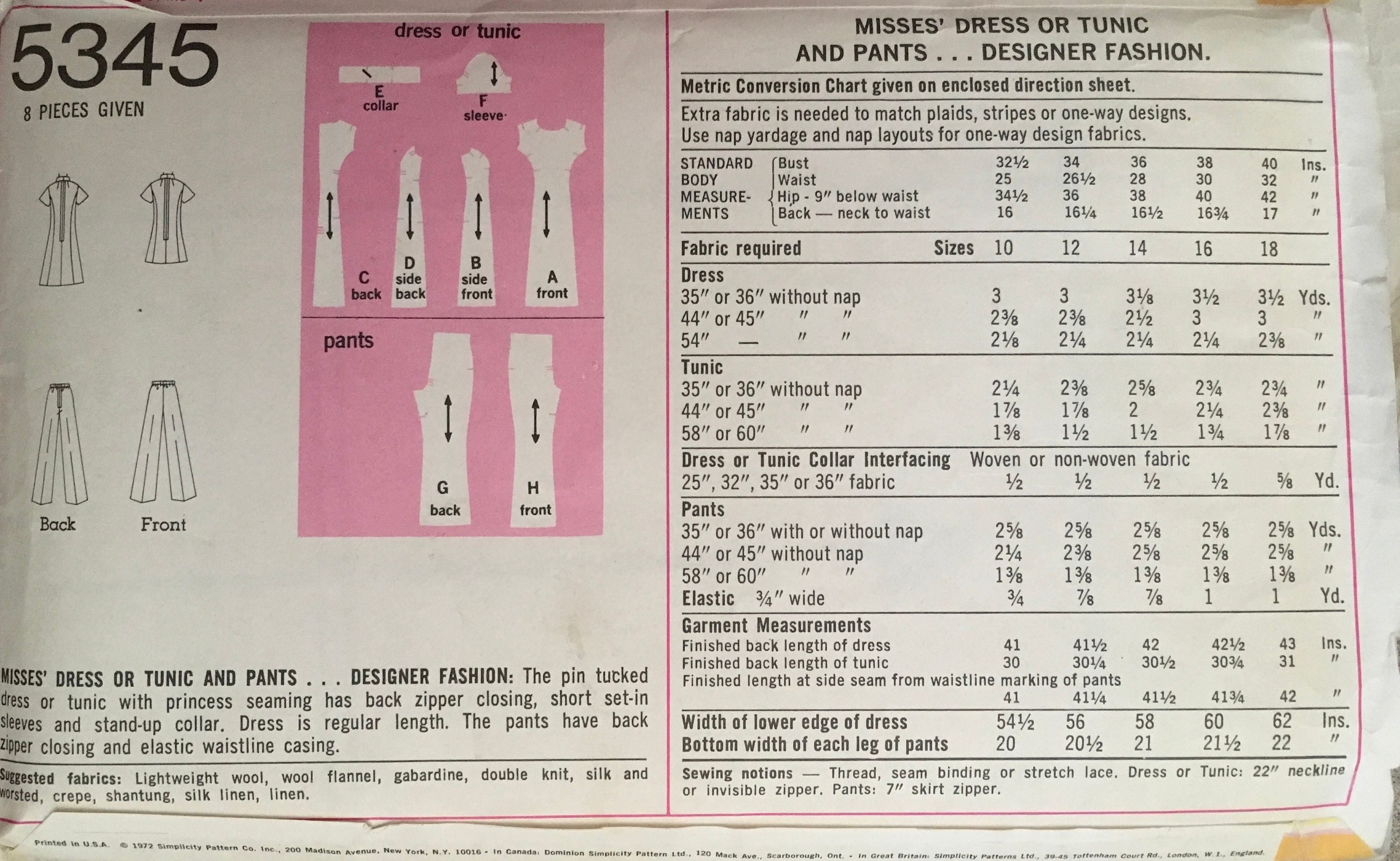 Simplicity 5345 Sewing Pattern (Vintage) UNCUT/CUT