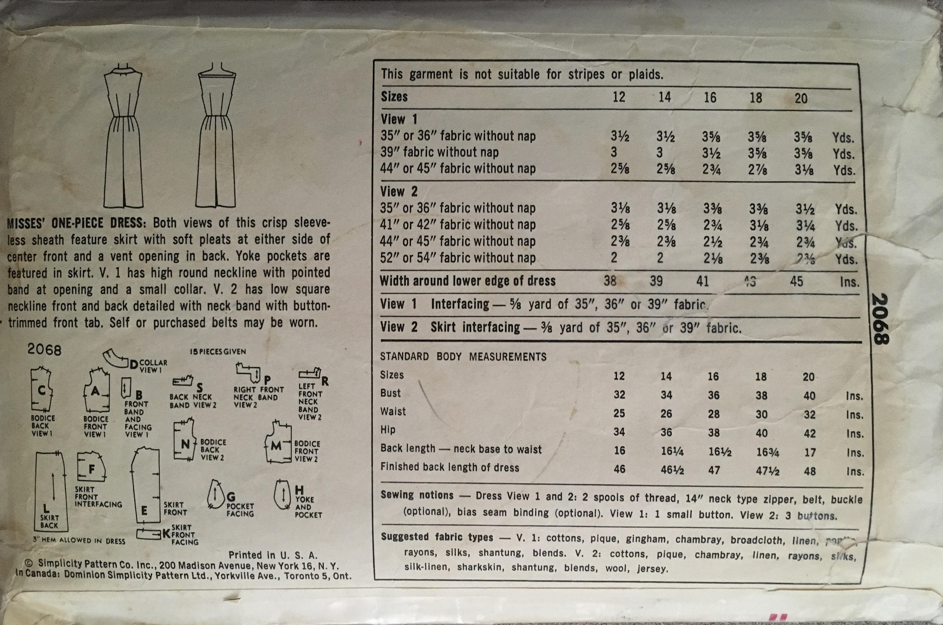 Simplicity 2068 Sewing Pattern (Vintage) CUT