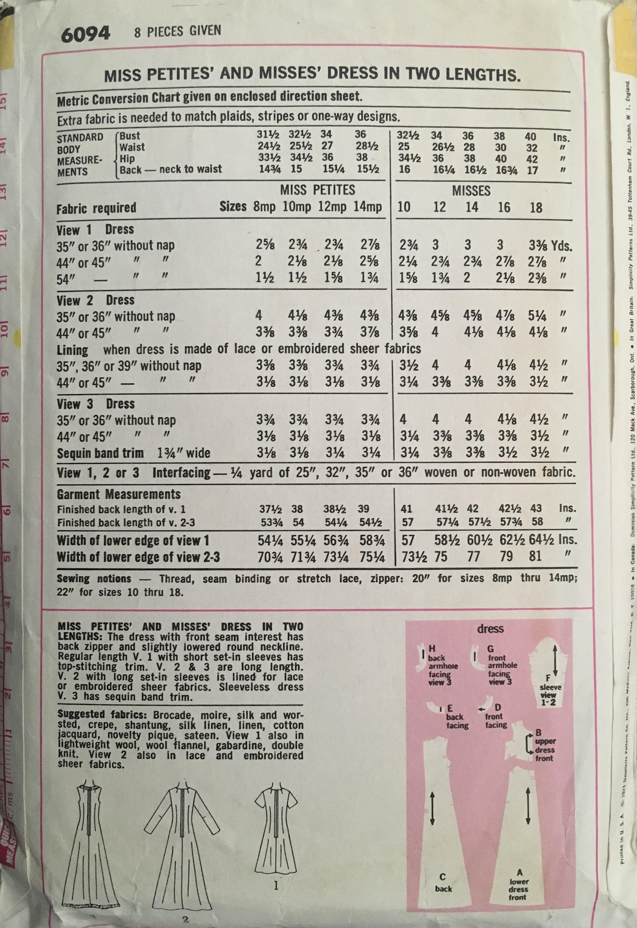 Simplicity 6094 Sewing Pattern (Vintage) CUT