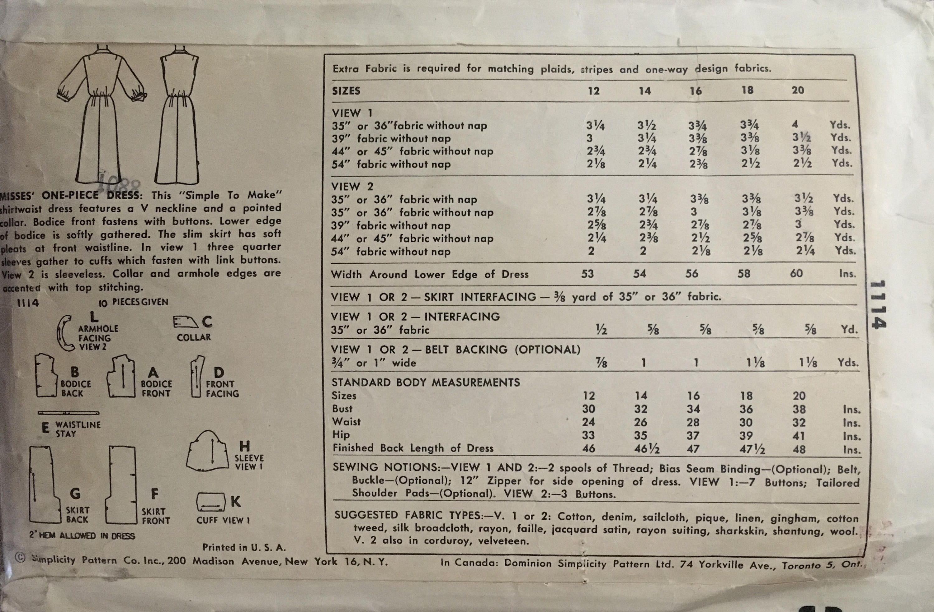 Simplicity 1114 Sewing Pattern (Vintage) CUT