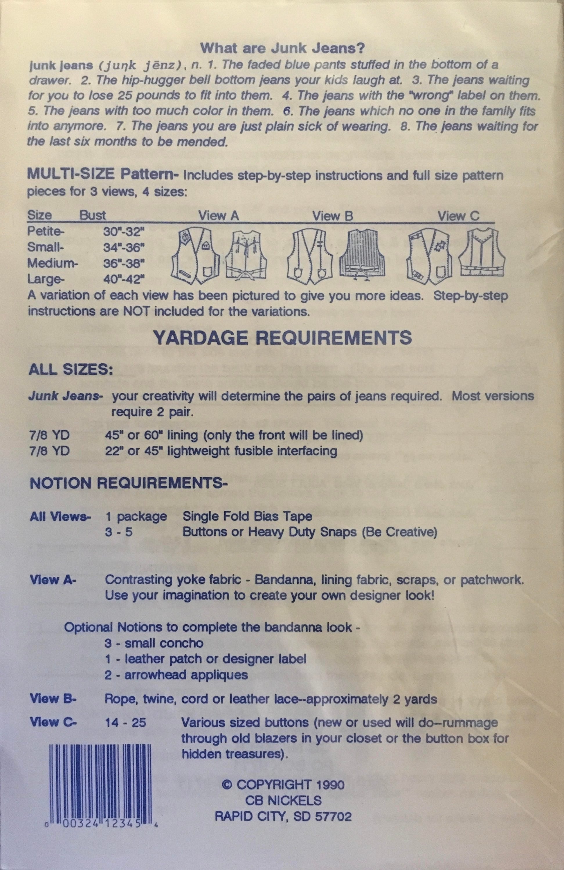 Junk-Jeans Vests Sewing Pattern (Vintage) UNCUT