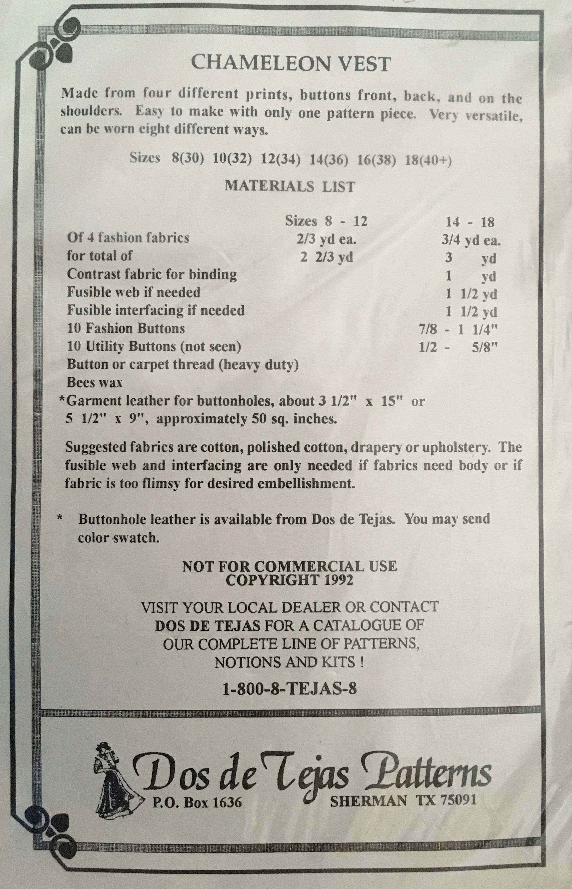 Does De Tejas Sewing Pattern (Vintage) UNCUT
