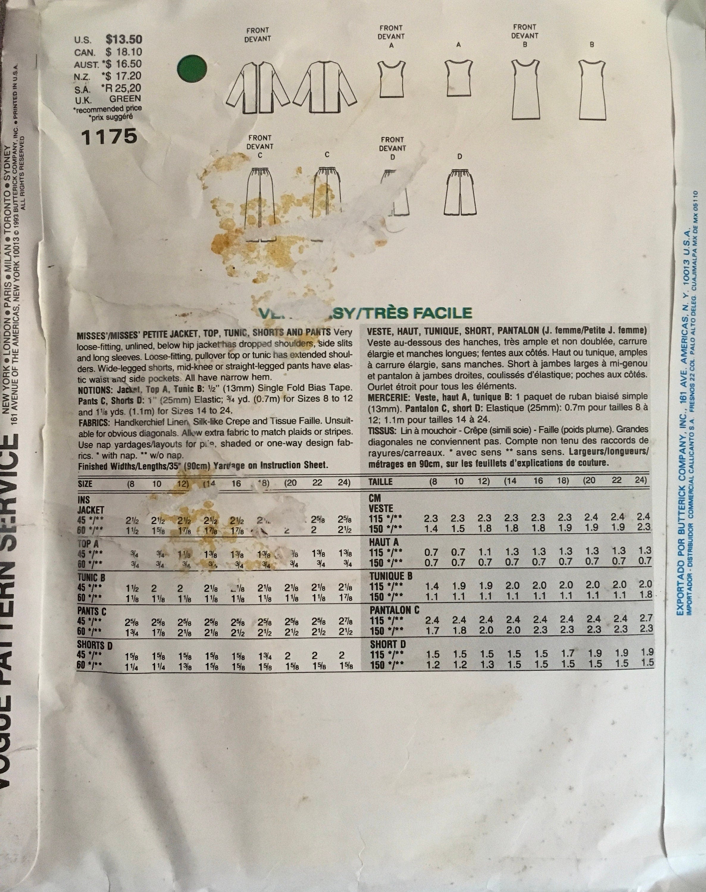 Vogue 1175 Sewing Pattern (Vintage) UNCUT