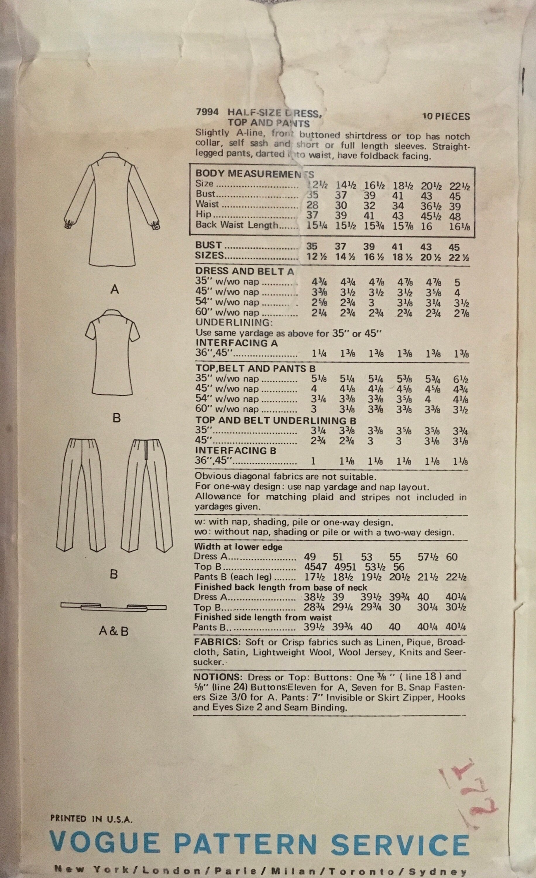 Vogue 7994 Sewing Pattern (Vintage) CUT