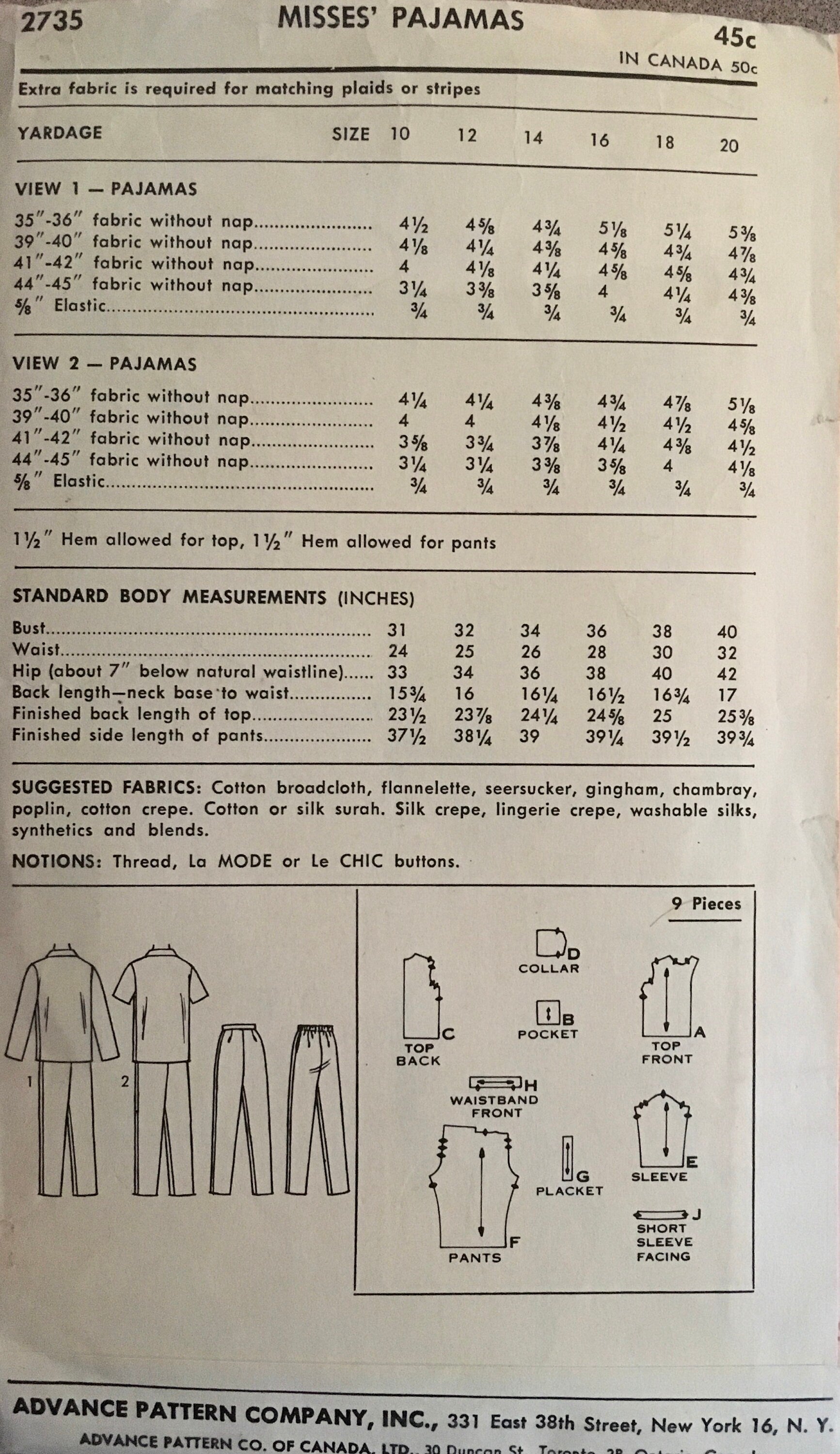 Advance 2735 Sewing Pattern (Vintage) CUT