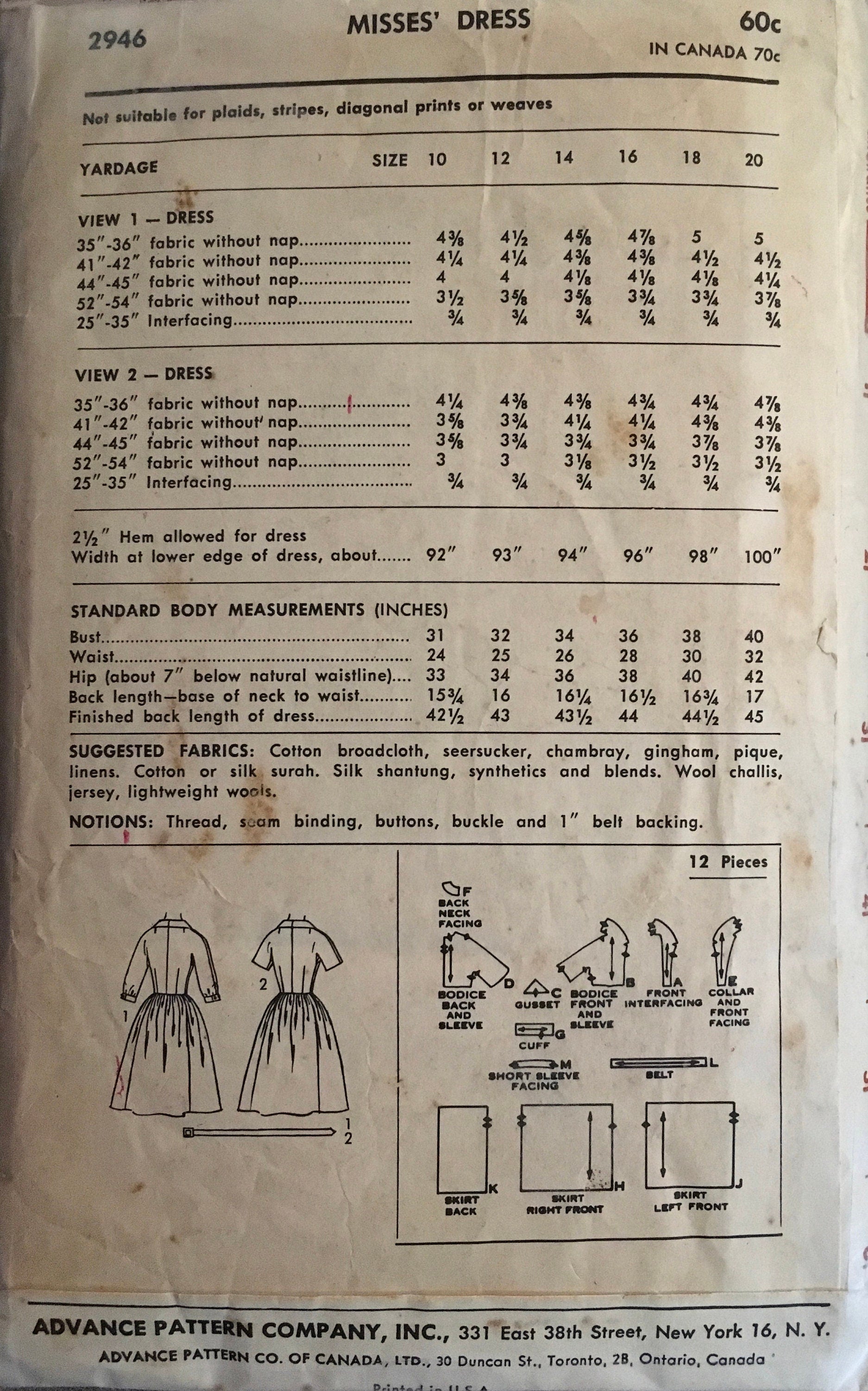 Advance 2946 Sewing Pattern (Vintage) CUT