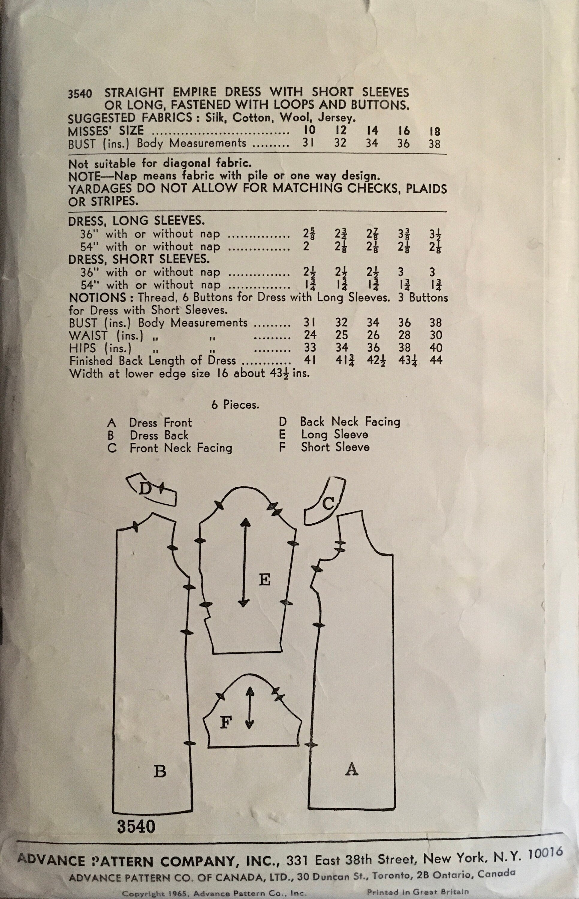 Advance 3540 Sewing Pattern (Vintage) CUT