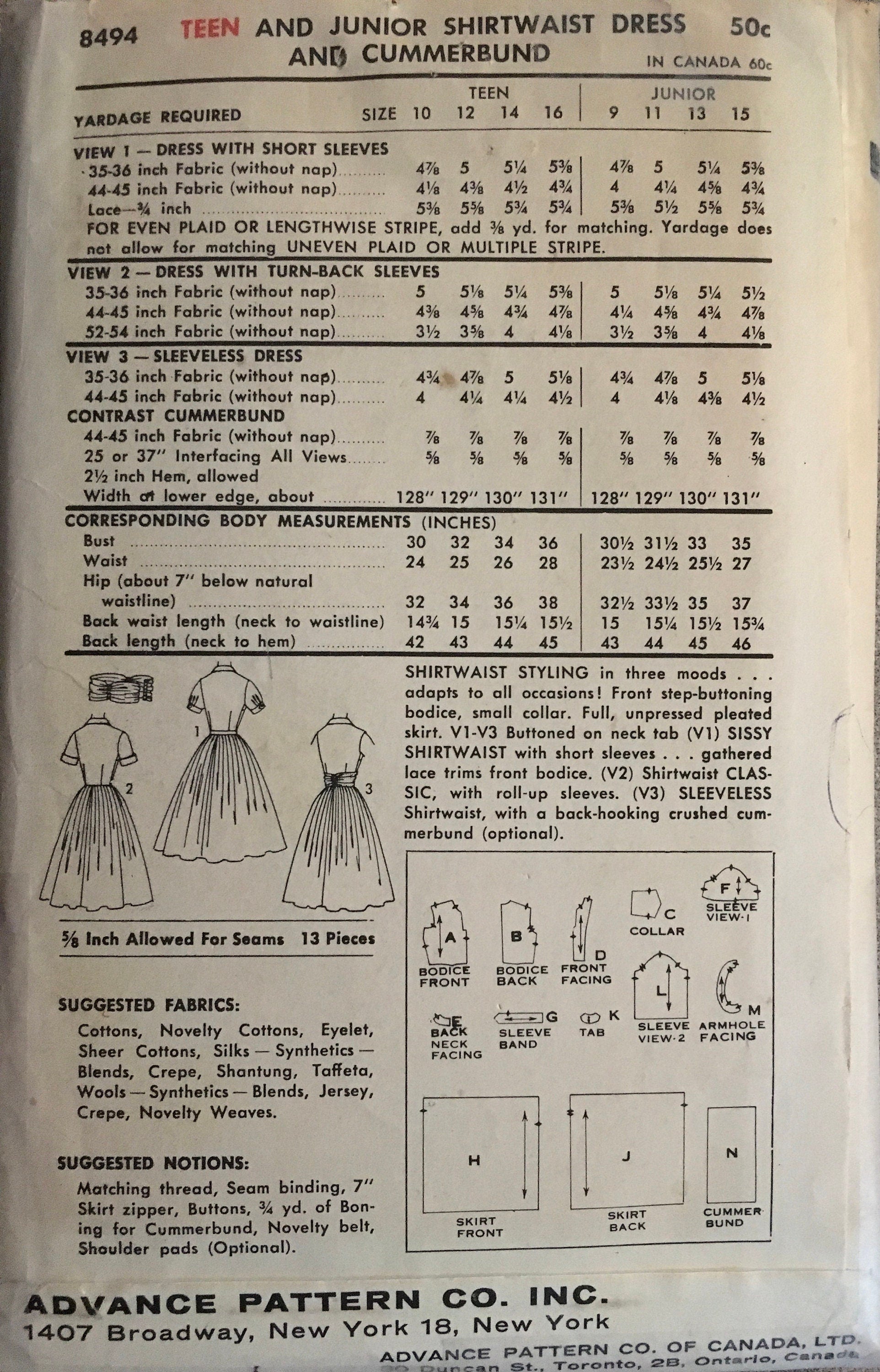 Advance 8494 Sewing Pattern (Vintage) CUT