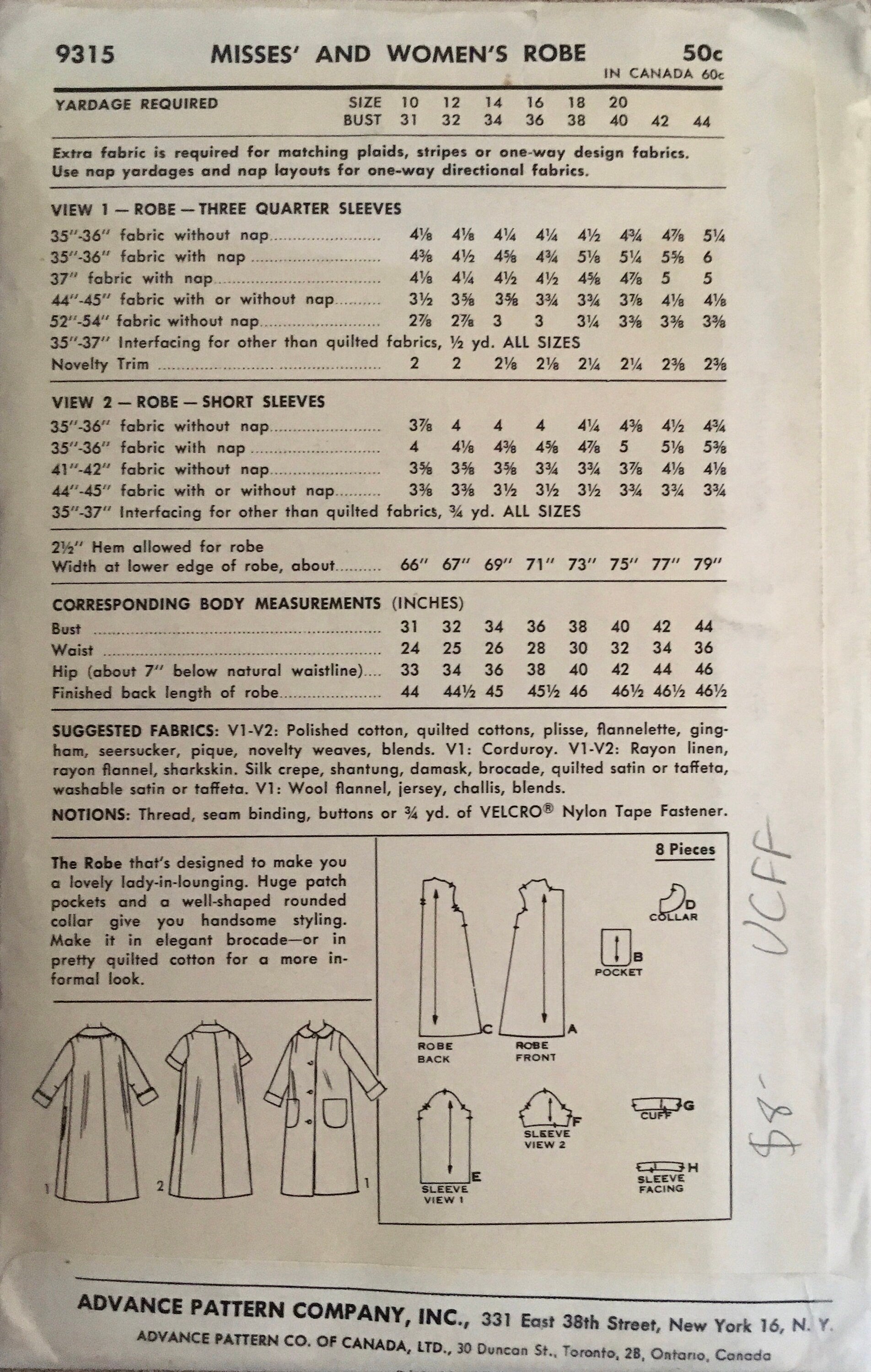 Advance 9315 Sewing Pattern (Vintage) UNCUT