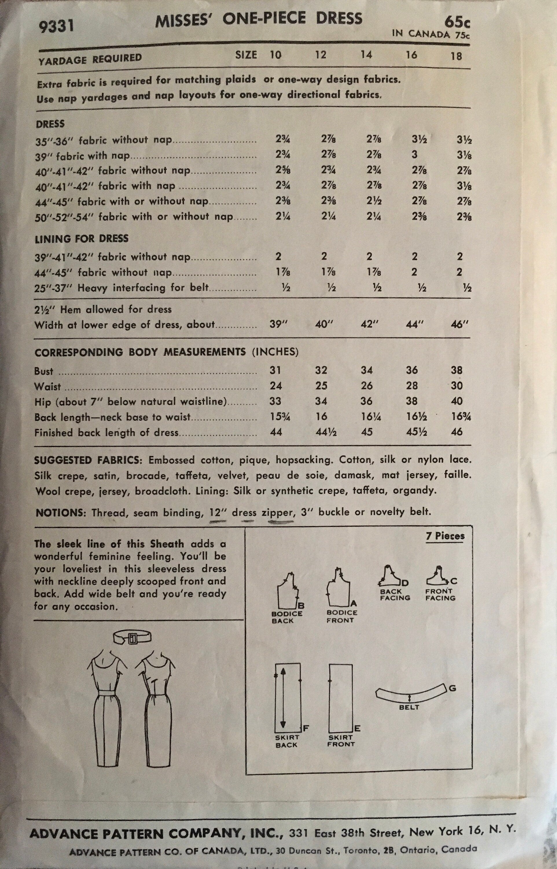 Advance 9331 Sewing Pattern (Vintage) CUT