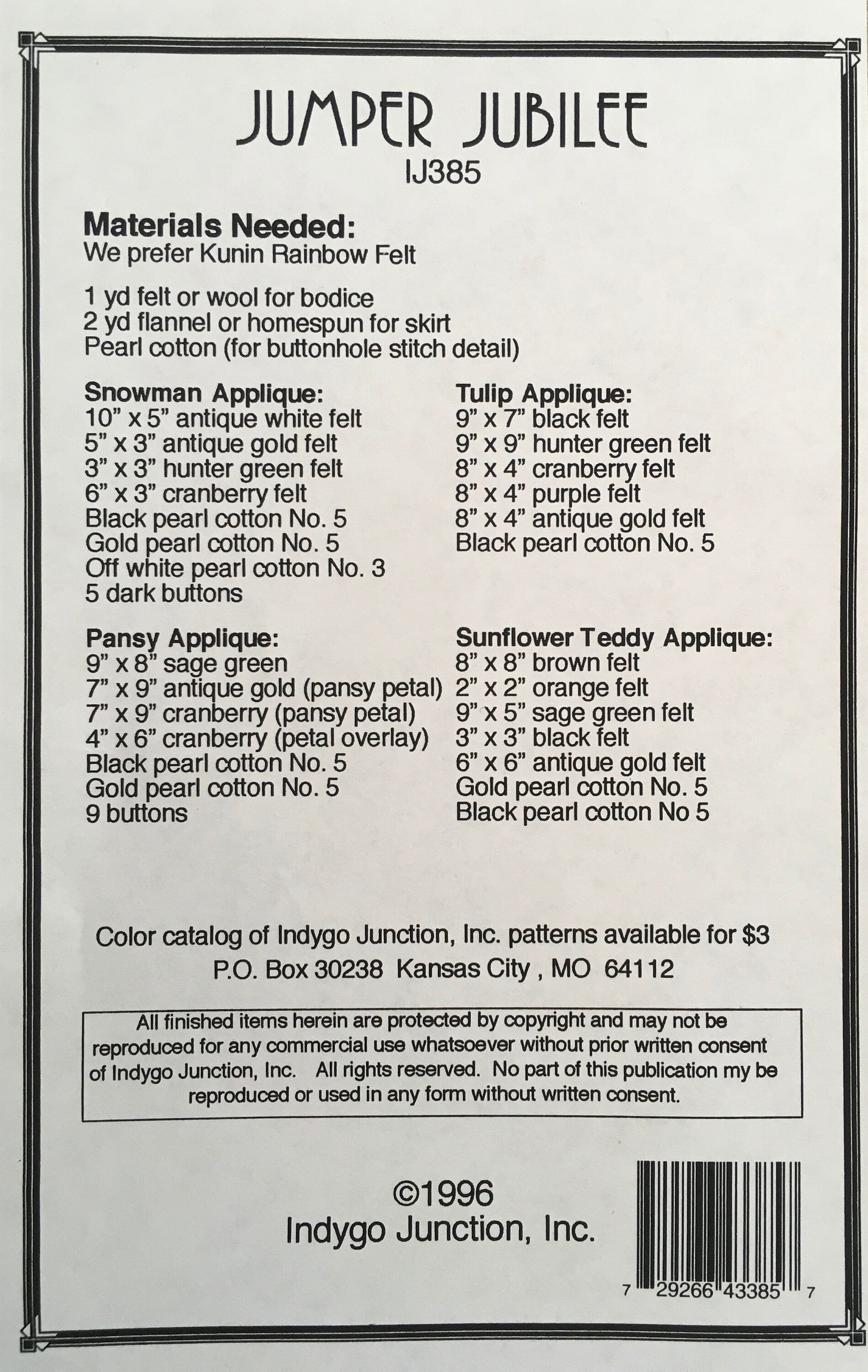 Indygo Junction Sewing And Appliqué Pattern (Vintage) UNCUT