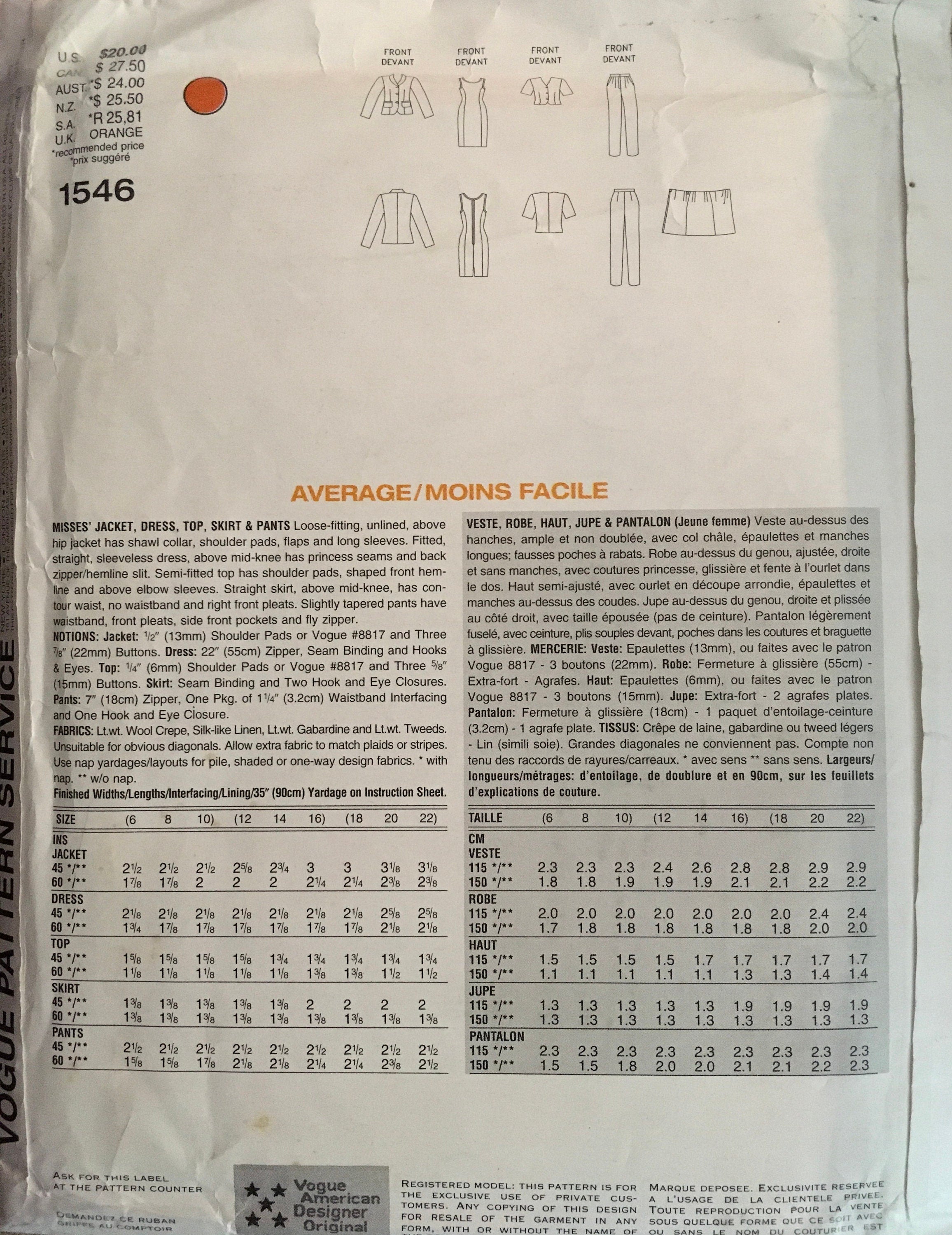 Vogue 1546 Sewing Pattern (Vintage) UNCUT