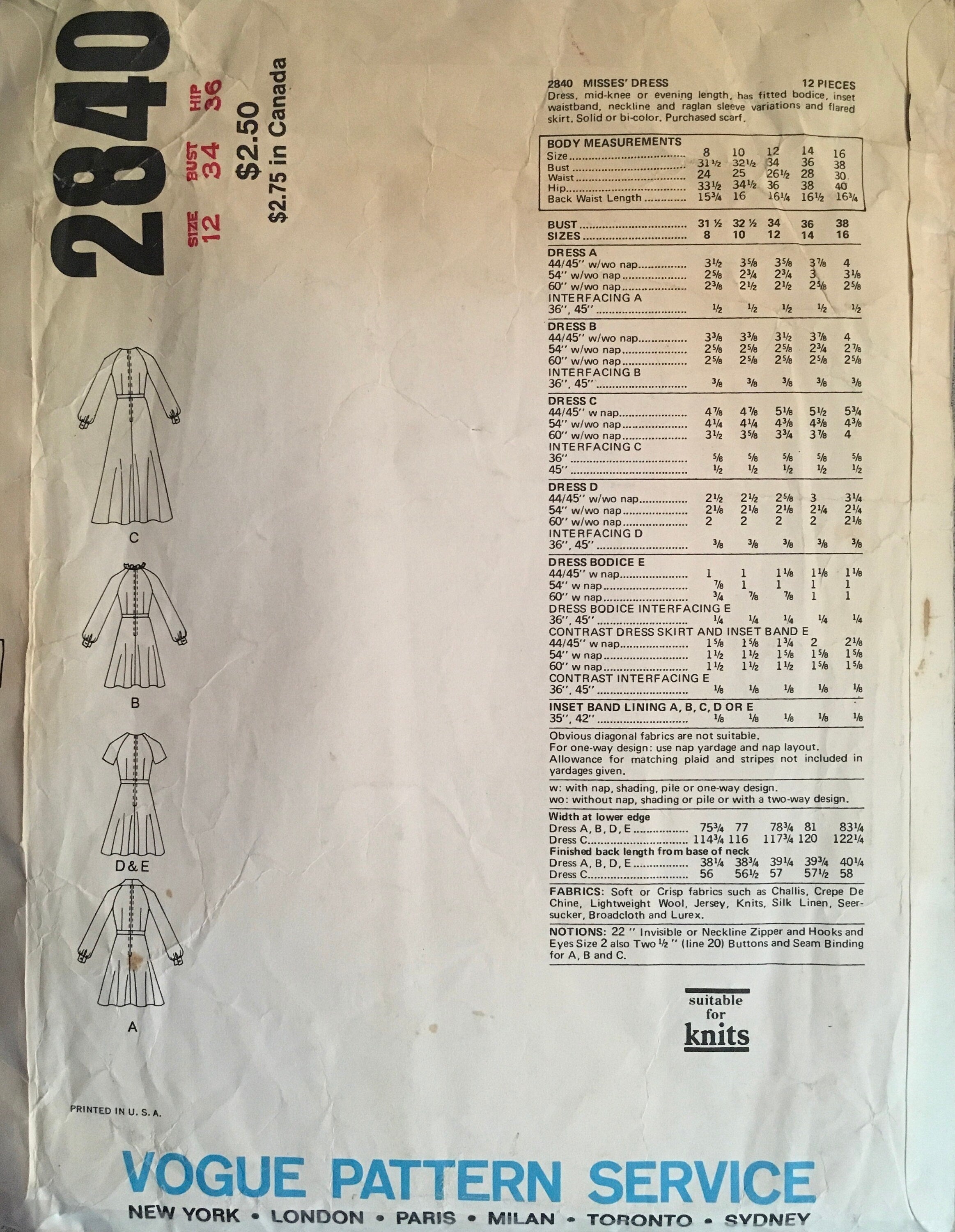 Vogue 2840 Sewing Pattern (Vintage) CUT