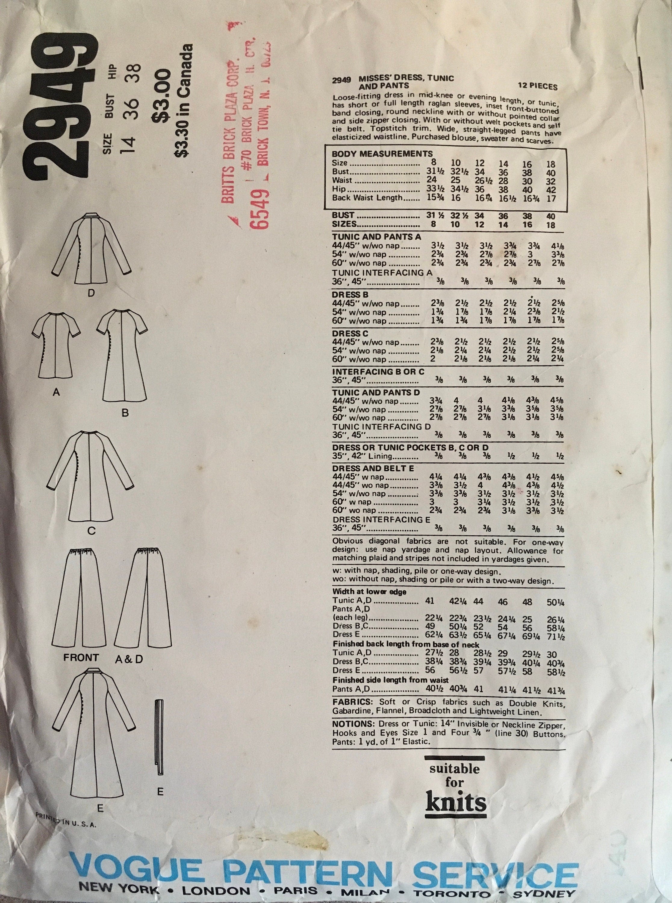 Vogue 2949 Sewing Pattern (Vintage) CUT
