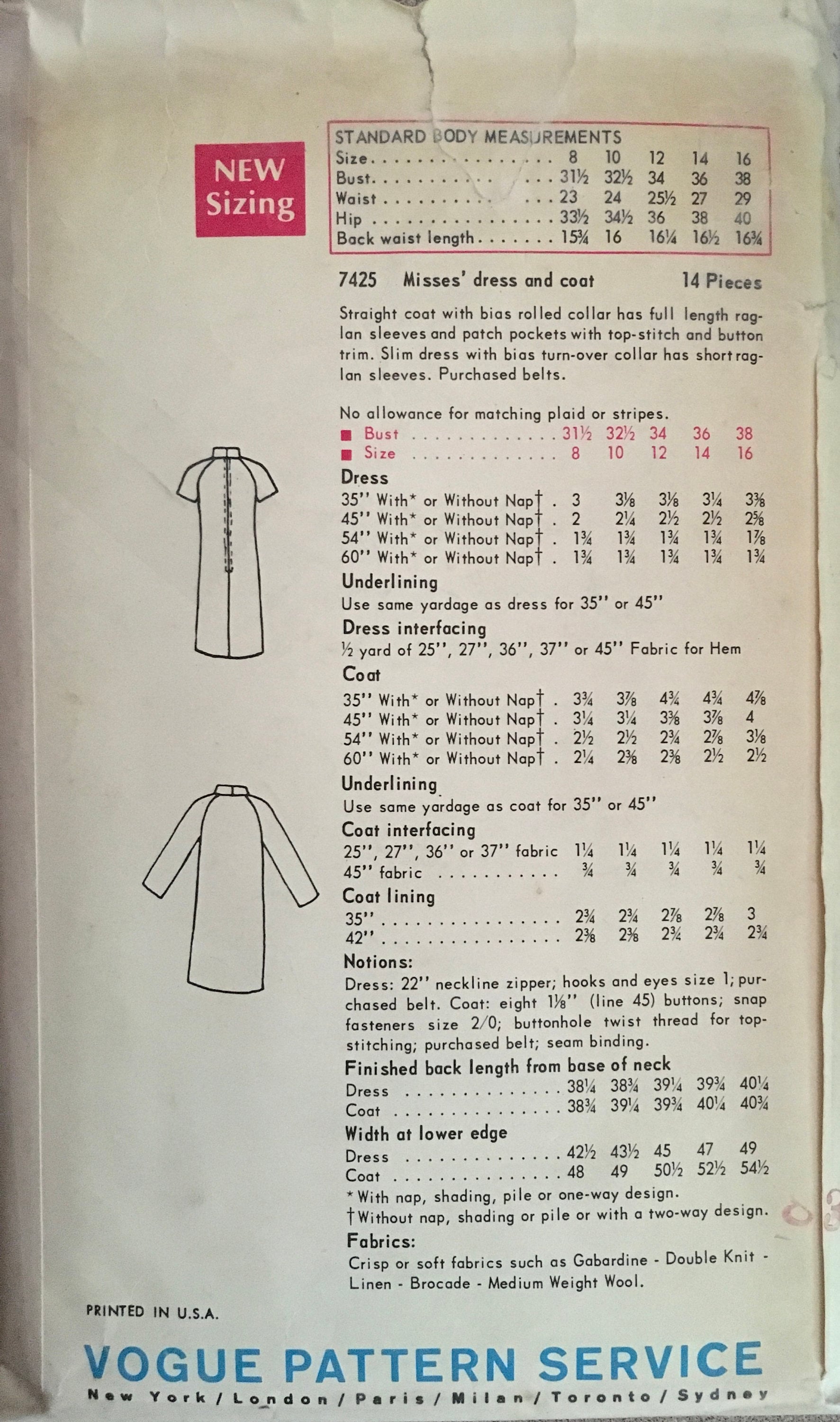 Vogue 7425 Sewing Pattern (Vintage) CUT