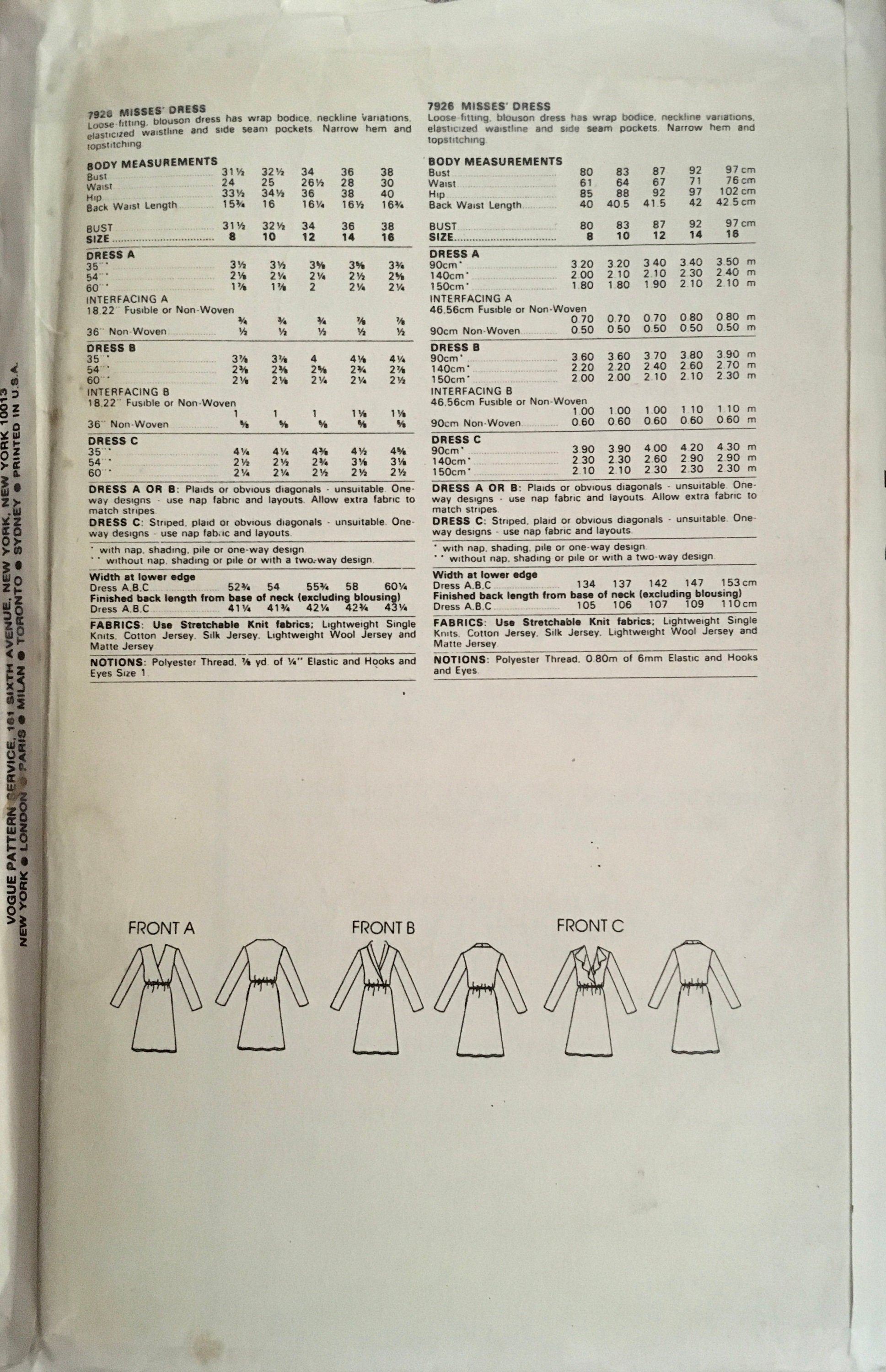 Vogue 7926 Sewing Pattern (Vintage) CUT