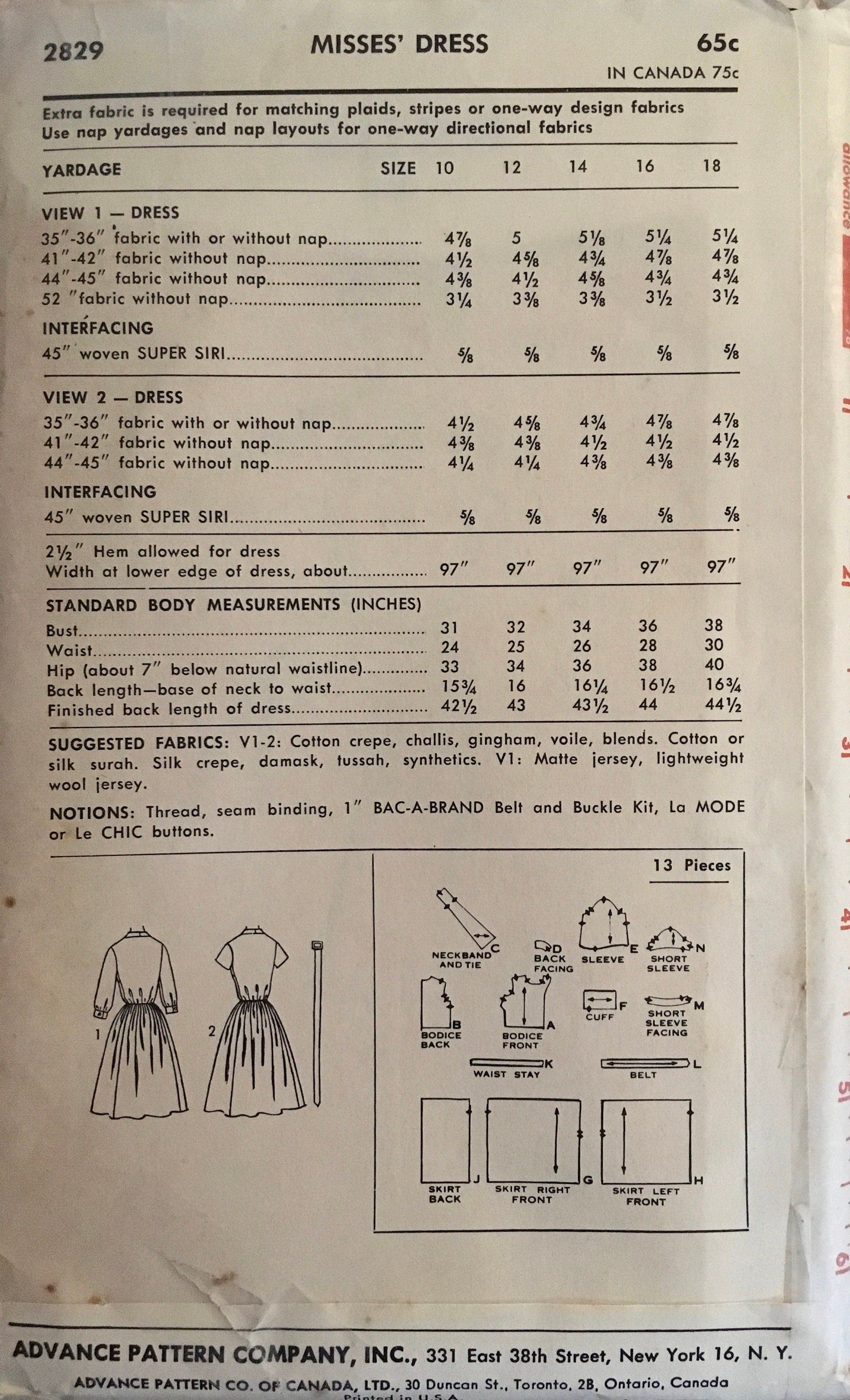 Advance 2829 Sewing Pattern (Vintage) UNCUT