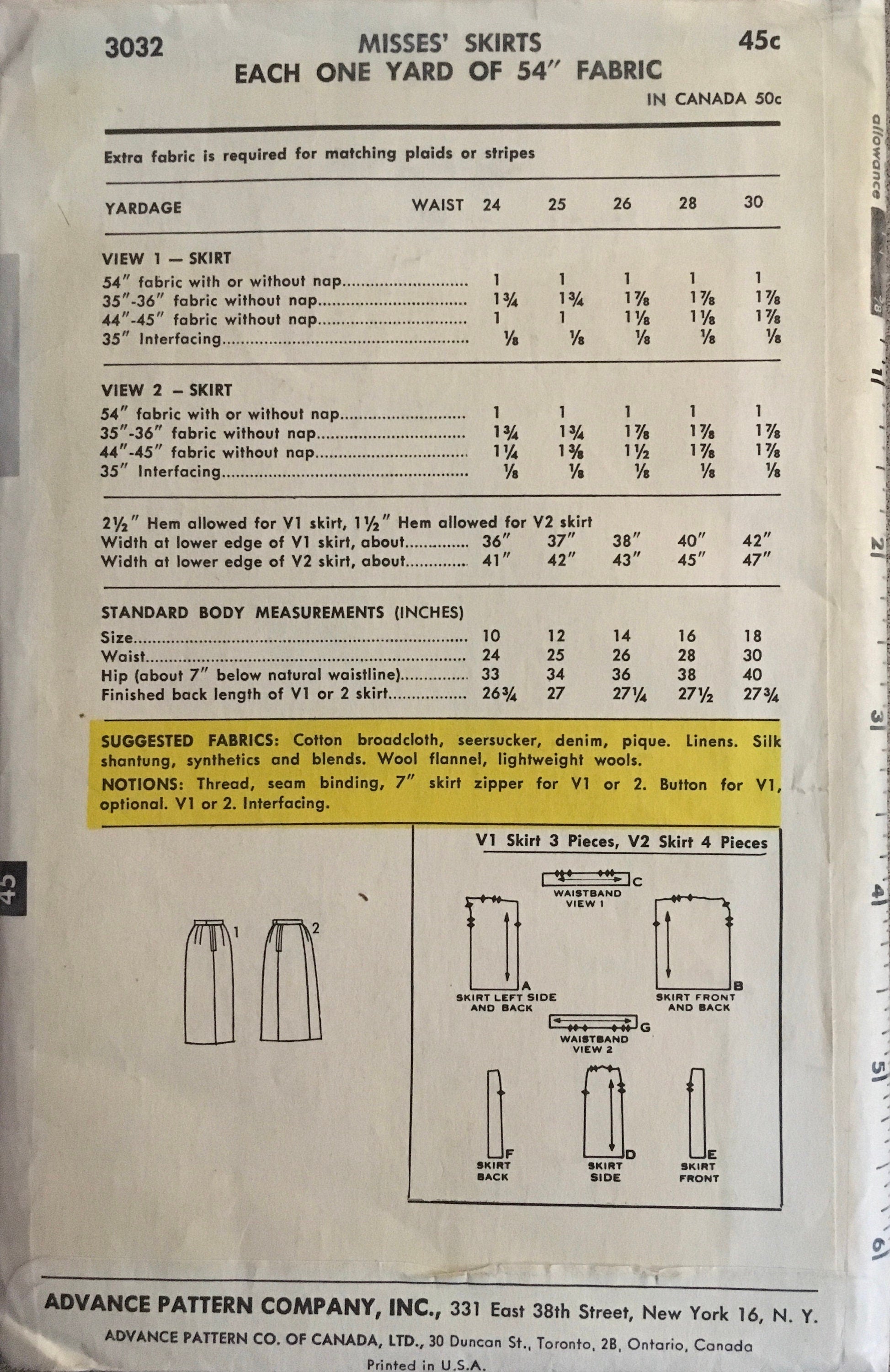 Advance 3032 Sewing Pattern (Vintage) UNCUT